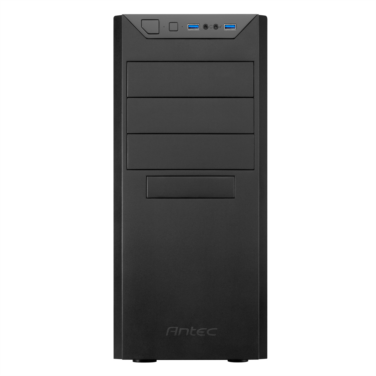 Un boîtier d'ordinateur noir avec trois baies horizontales, des ports USB et le logo Antec en bas, le tout sur fond blanc.