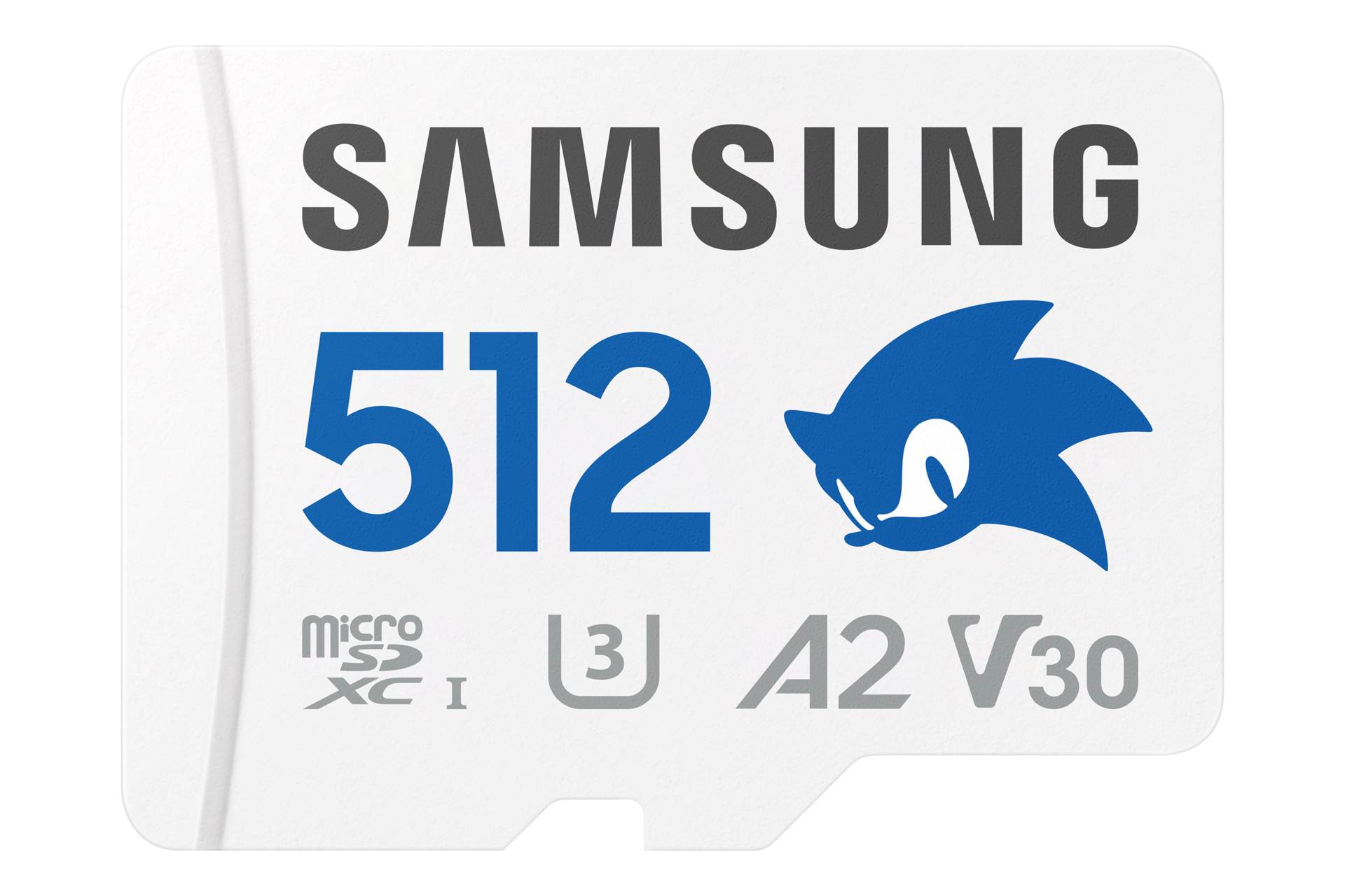 Eine weiße Samsung 512GB microSD-Karte mit blauem Sonic the Hedgehog-Logo. Text enthält '512', 'U3', 'A2' und 'V30'.