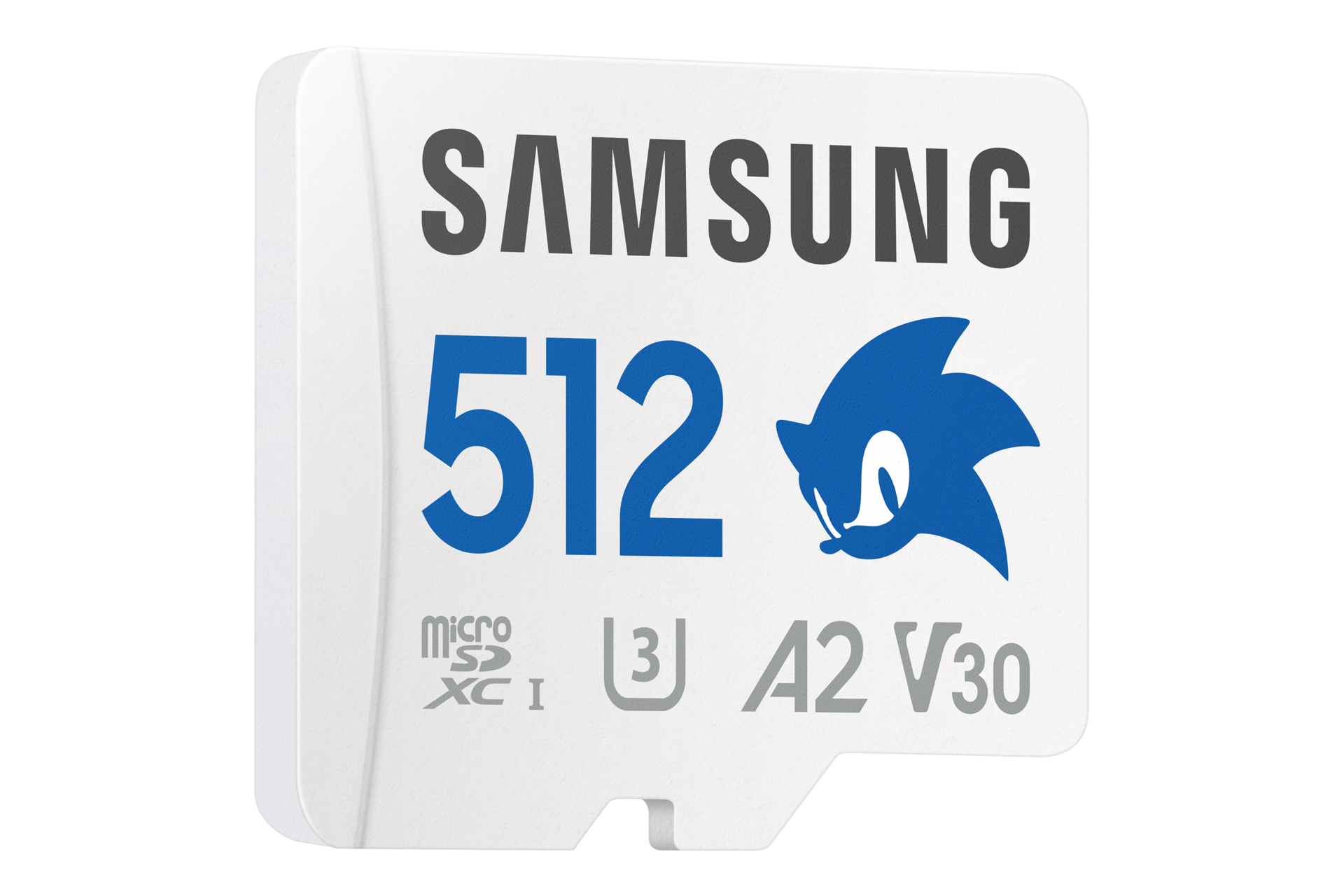 Eine weiße Samsung Micro-SD-Karte mit blauer 512-Nummer und Sonic the Hedgehog. Weitere Details sind Micro-SD-Logo, A2 V30.
