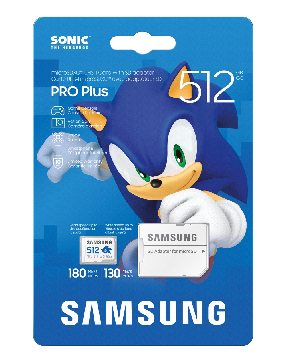 Eine Samsung microSD-Karte mit Sonic the Hedgehog. Die Karte zeigt 512 GB und Lese-/Schreibgeschwindigkeiten.
