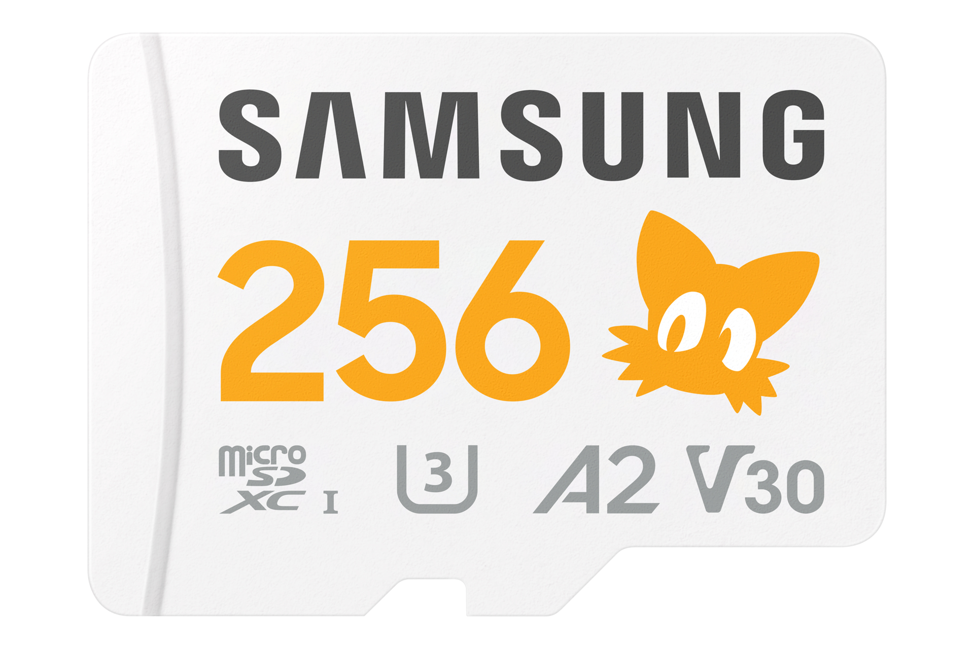 Carte microSD Samsung blanche 256 Go. Comprend le '256' orange et une icône de renard orange. Comprend Micro SD, U3, A2 et V30.
