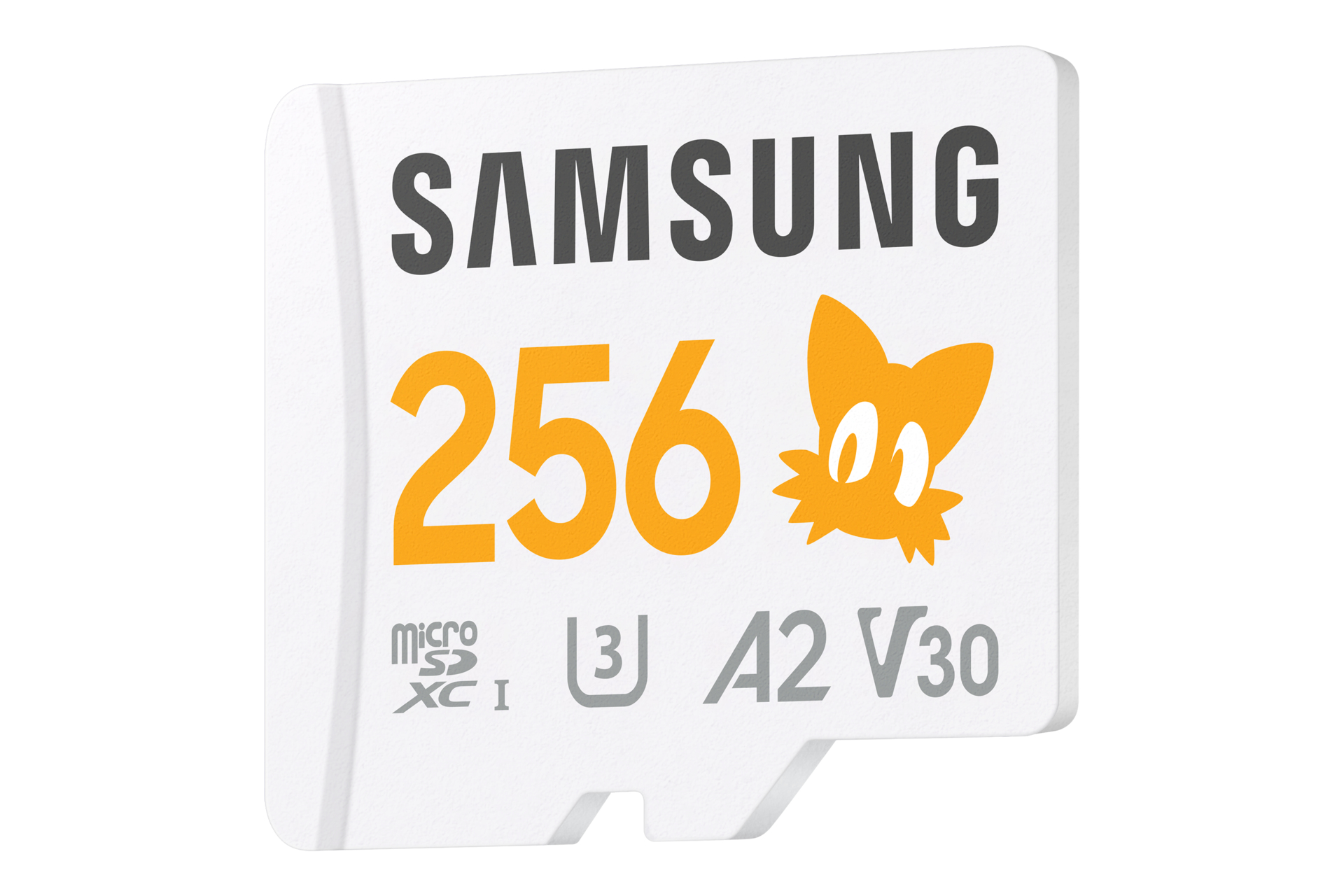 Une carte MicroSD Samsung blanche de 256 Go. La carte affiche le logo Samsung, le chiffre 256 en orange et un personnage de dessin animé ressemblant à un renard.