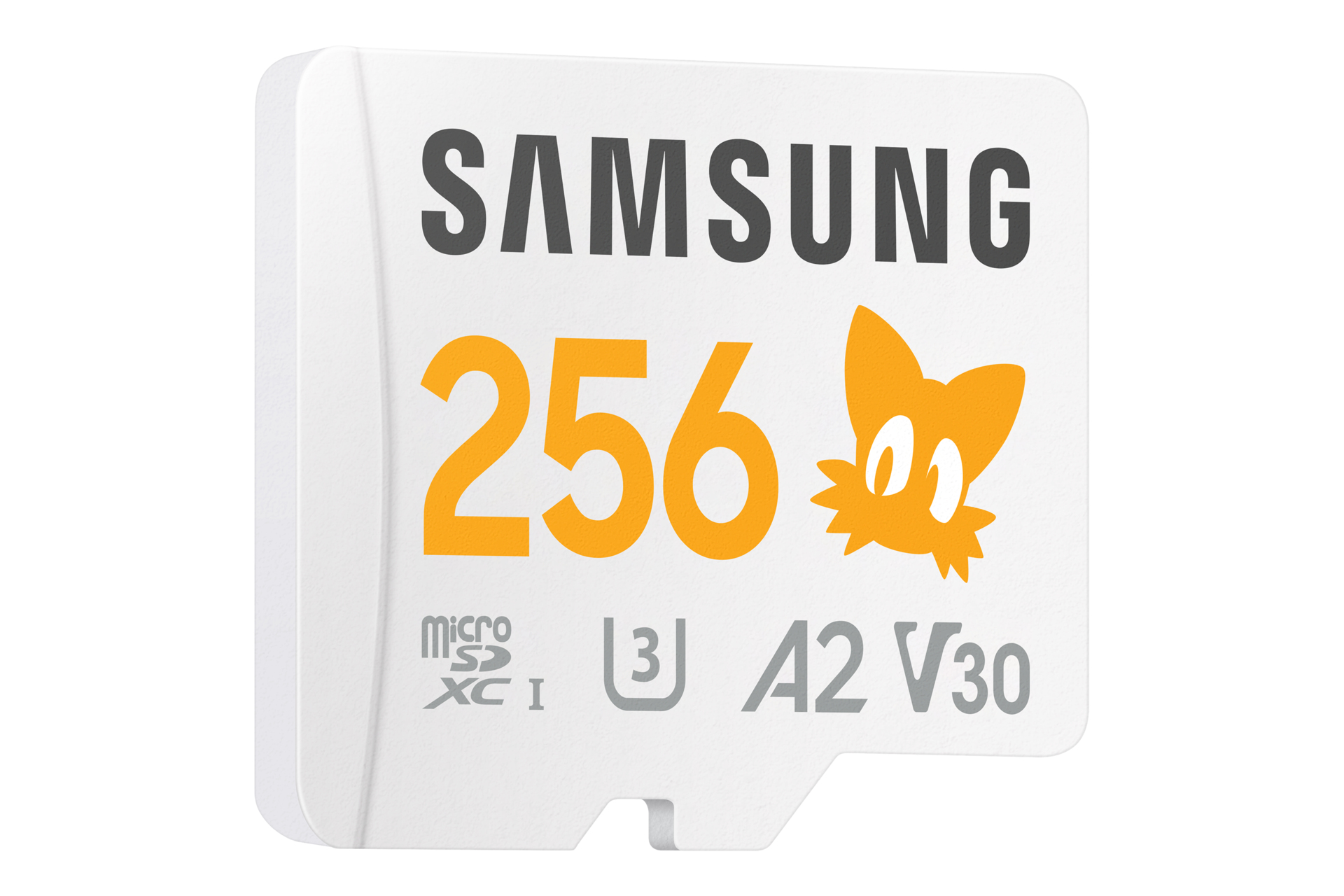 Une carte Micro SD Samsung blanche. Elle comporte le chiffre 256 en orange, un logo de renard et d'autres détails techniques en gris.