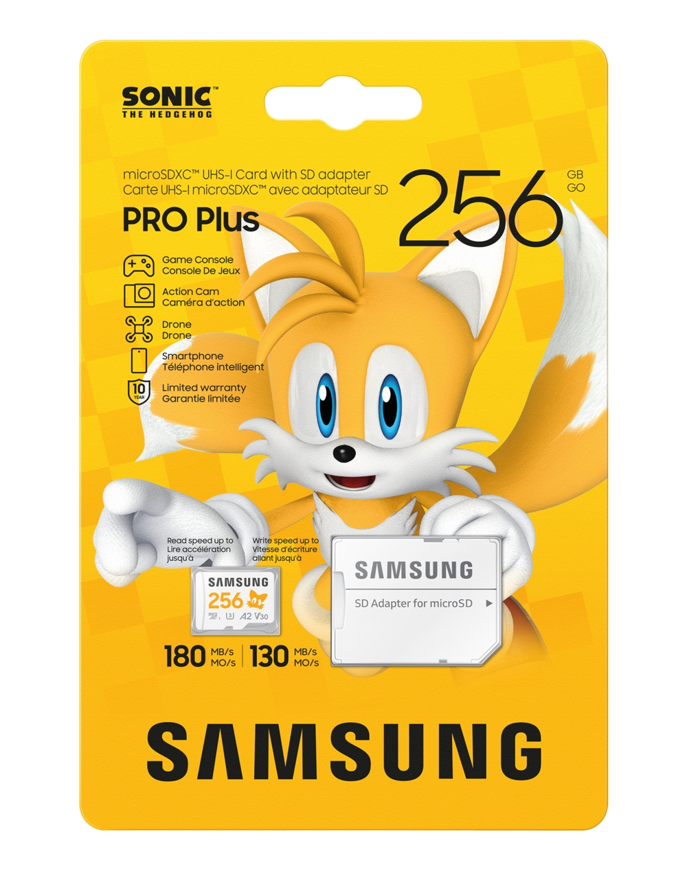 Un emballage de carte SD avec Tails de Sonic. Les détails de la carte incluent 256 Go, Samsung et des vitesses de lecture/écriture. Fond jaune.