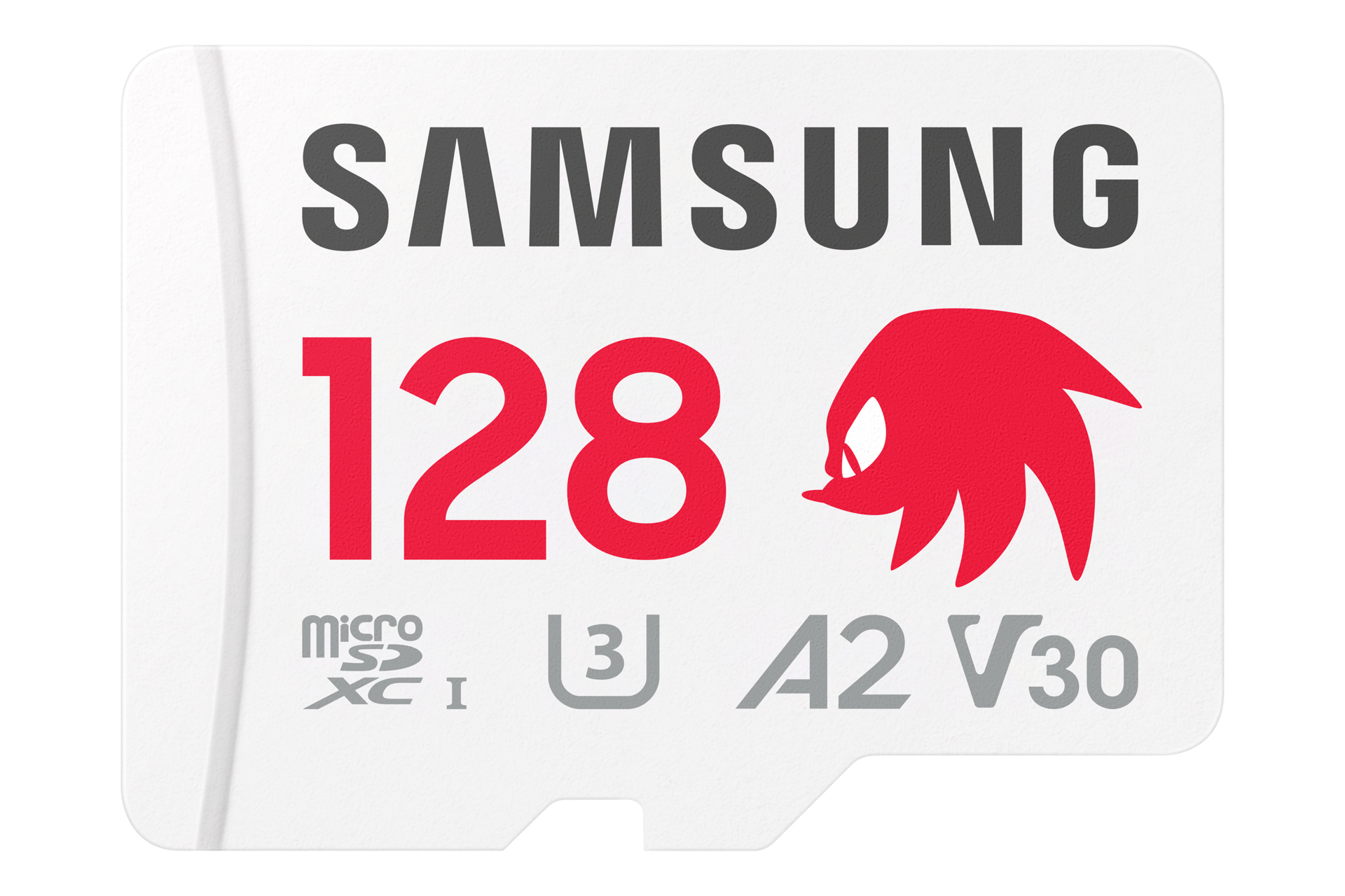Biała karta microSD Samsung z czerwonym '128' i czerwoną postacią z kreskówki. Szary tekst zawiera 'microSDXC I', 'U3', 'A2' i 'V30'.