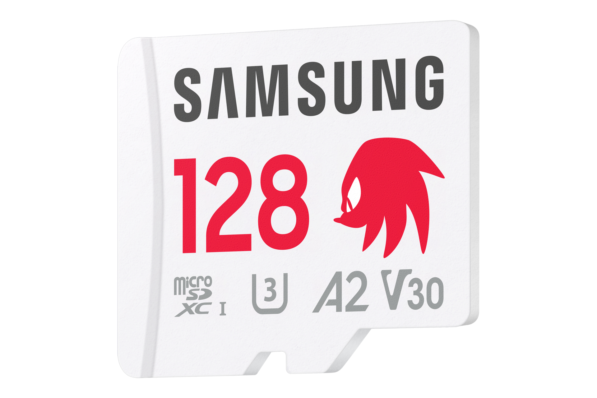 Biała karta microSD Samsung 128 GB. Tekst zawiera 'SAMSUNG', '128', logo i specyfikacje.
