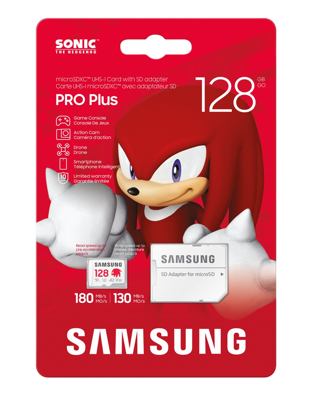 Czerwono-białe opakowanie karty Knuckles. To karta microSD Samsung 128 GB z adapterem SD. Logo Sonic znajduje się w lewym górnym rogu.
