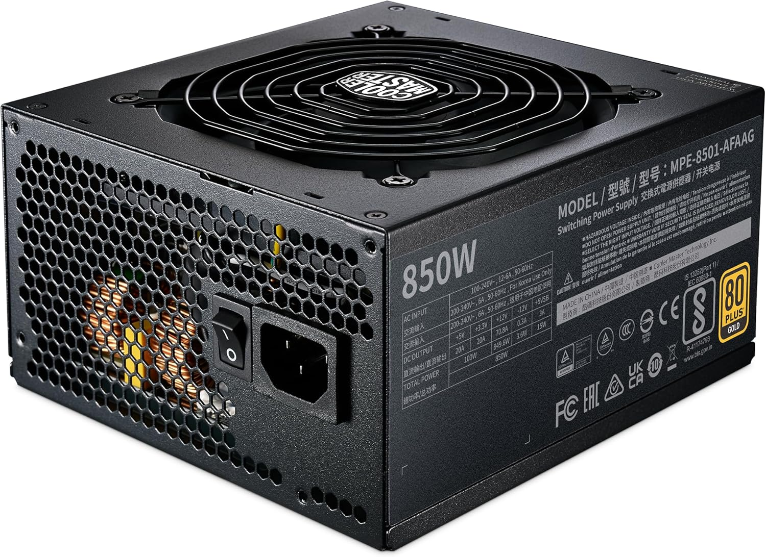 Une alimentation noire de 850W avec ventilateur, ventilation en nid d'abeille, interrupteur et entrée d'alimentation.
