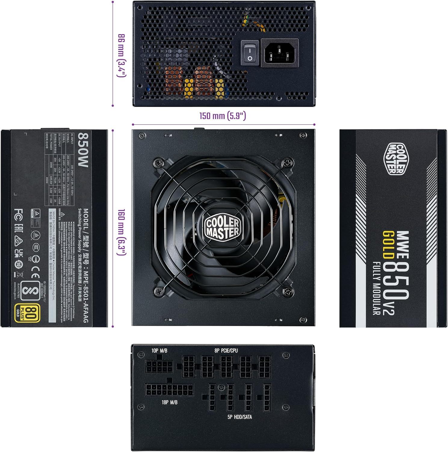 Bloc d'alimentation noir Cooler Master 850W. Ventilateur, ports et étiquettes inclus. Entièrement modulaire.