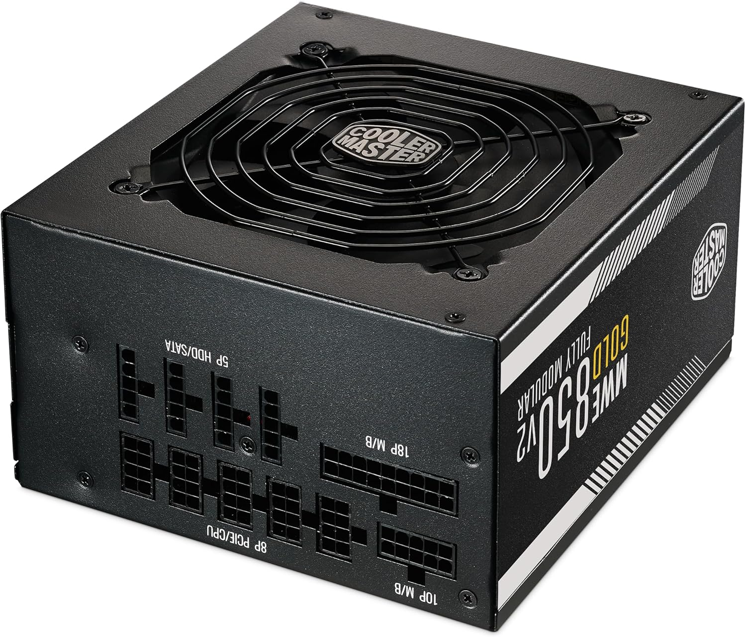 Une alimentation noire Cooler Master MWE 850 V2. Comprend un ventilateur, des ports modulaires et des étiquettes indiquant la puissance.