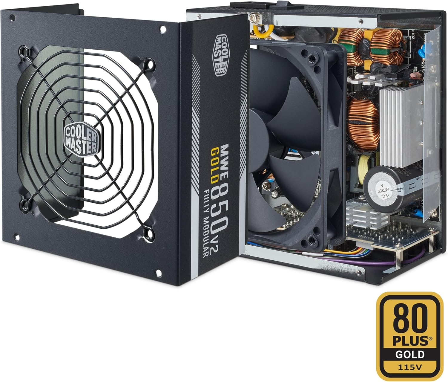 Vue ouverte d'une alimentation noire Cooler Master MWE 850 V2. Montre ventilateur, composants internes et badge 80 Plus Gold.