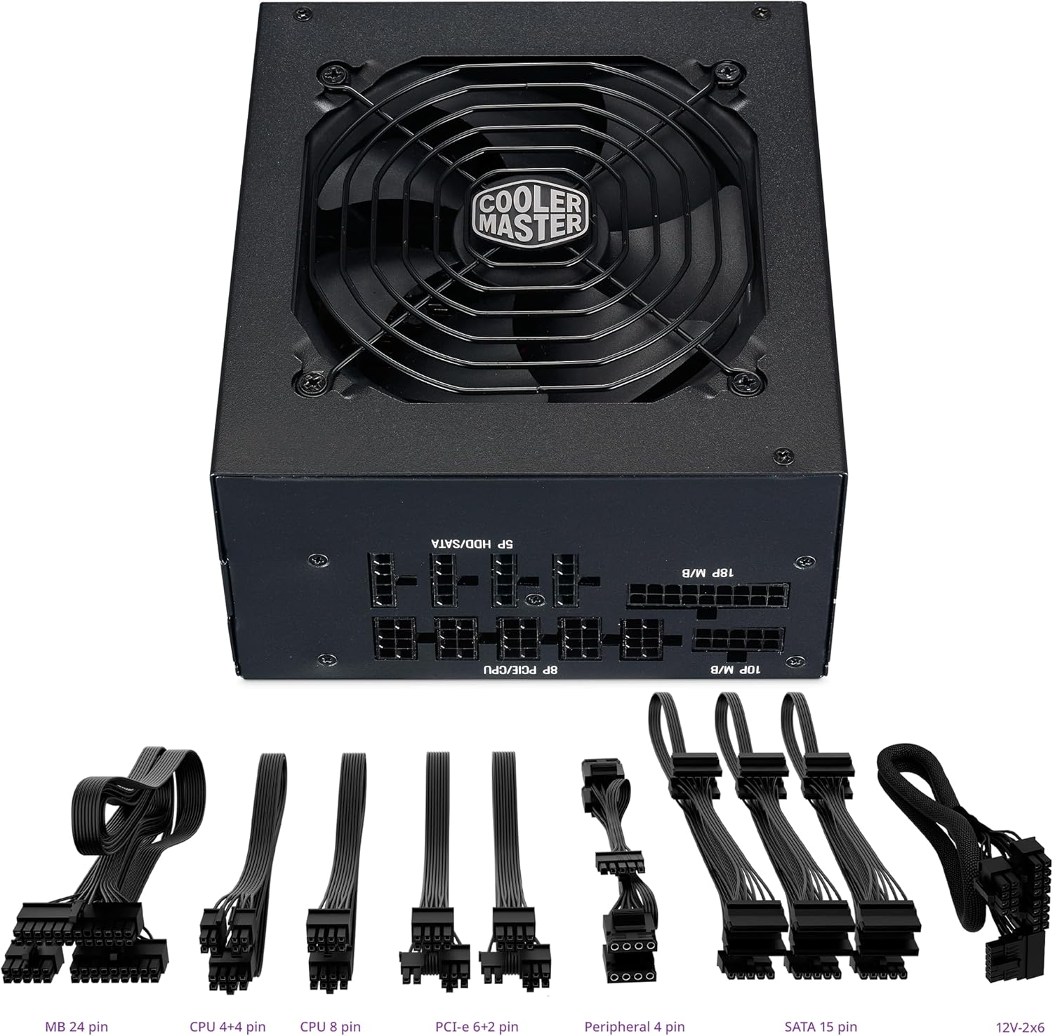 Un bloc d'alimentation Cooler Master noir avec divers câbles étiquetés MB 24 broches, CPU 4+4 broches, CPU 8 broches, etc. sur fond blanc.