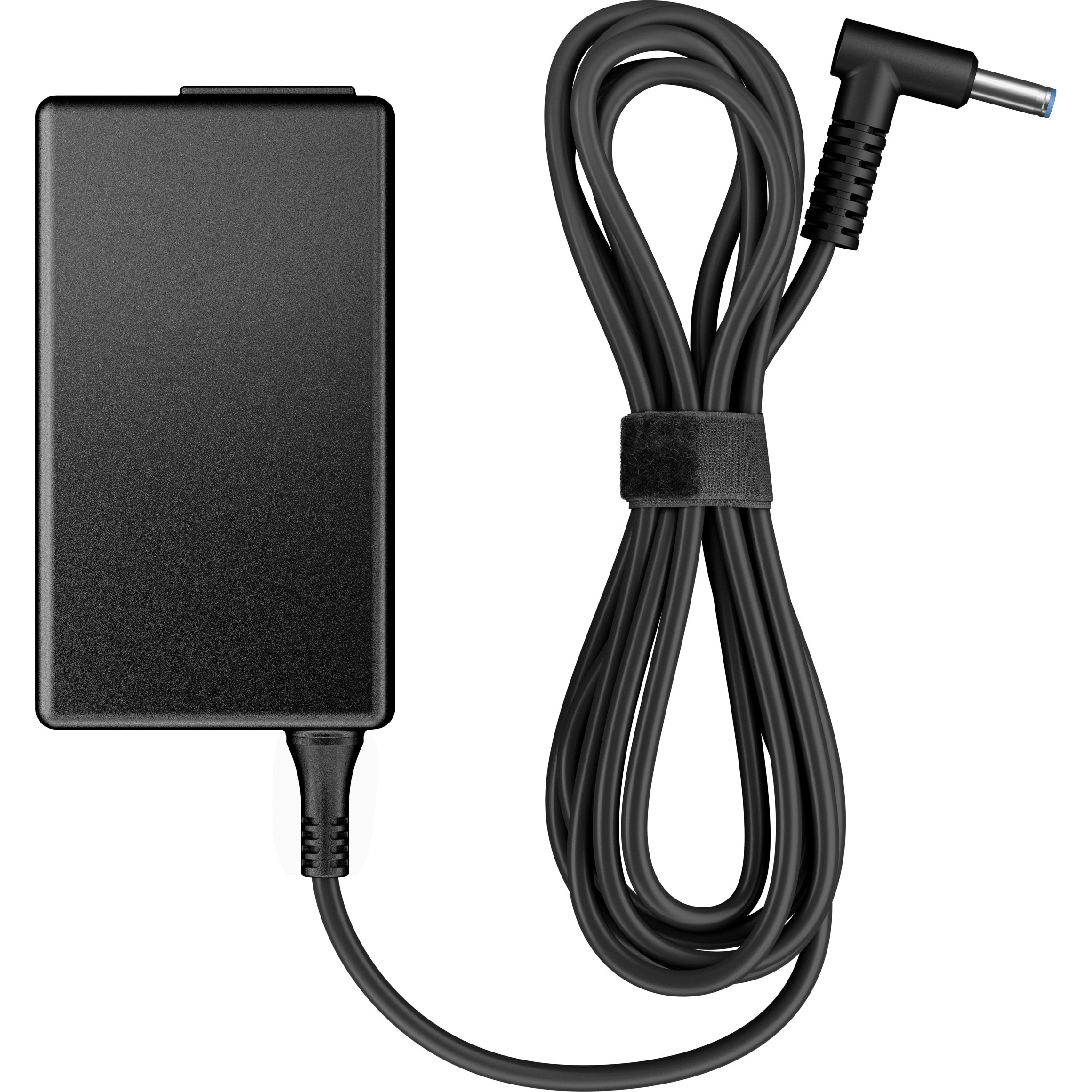 Caricabatterie per laptop nero con cavo ad anello, fissato con velcro. La spina ha una punta blu.
