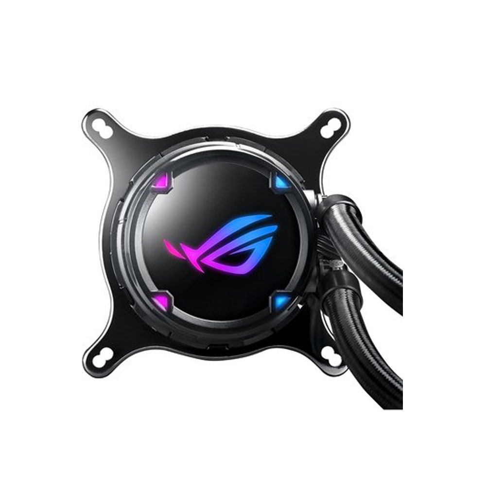 Un enfriador de CPU ROG negro. Tiene un centro circular con un logotipo brillante y un marco cuadrado con orificios.