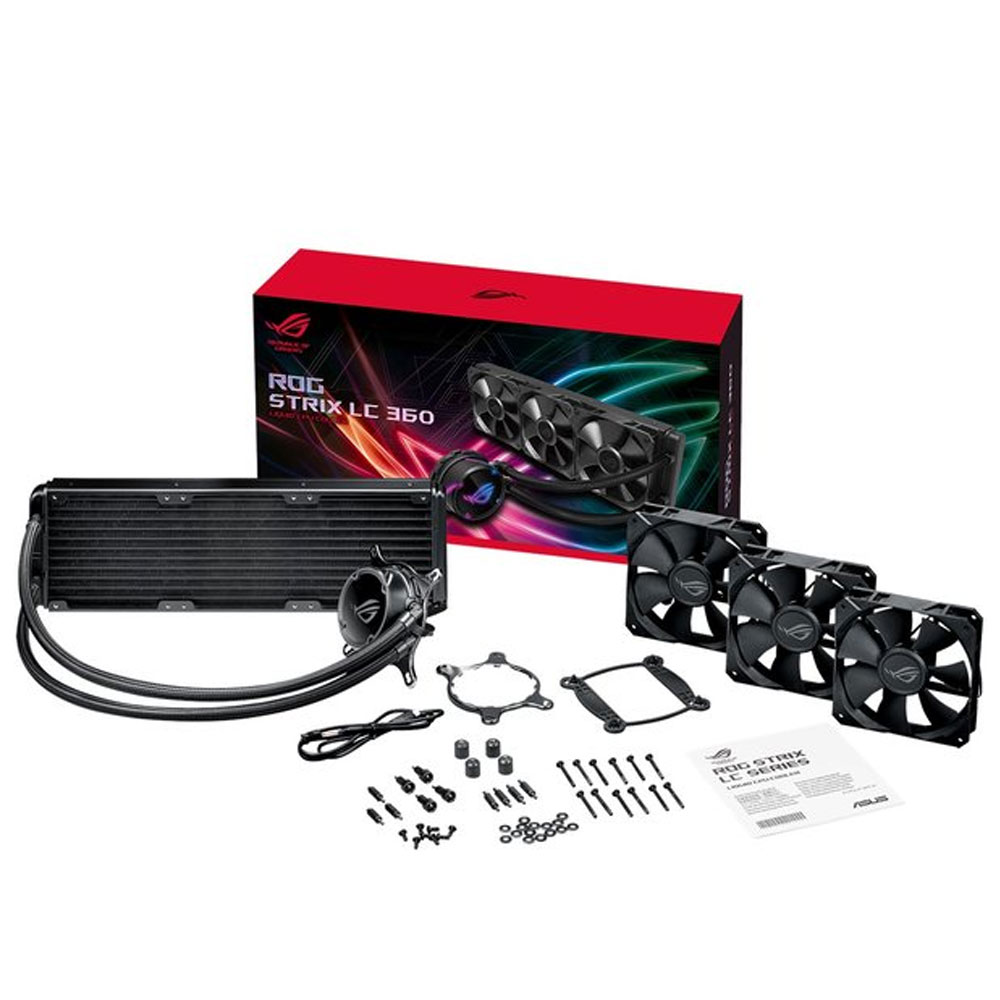 Se muestra un kit de refrigeración líquida para PC. Incluye un radiador, ventiladores, una bomba y varios accesorios de montaje, todo sobre un fondo blanco.
