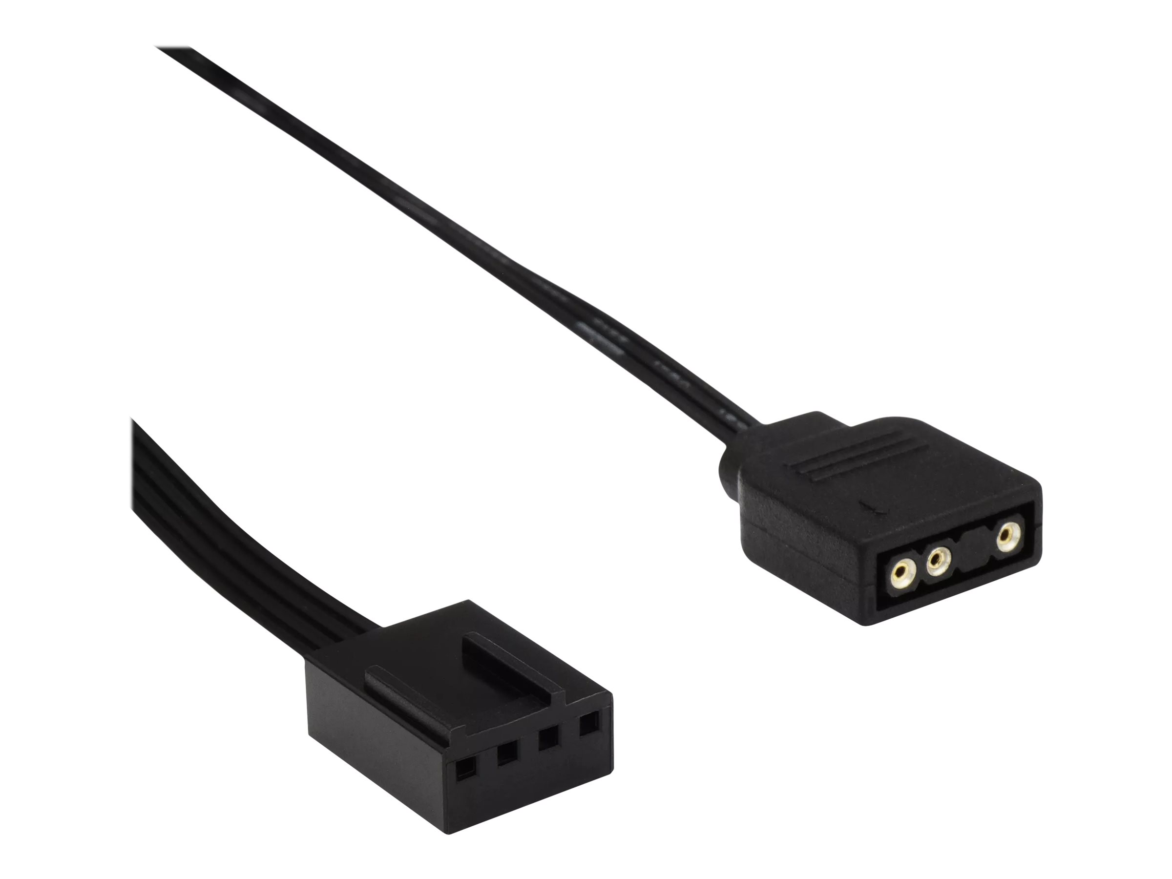 Ein schwarzes Anschlusskabel mit drei Drähten und zwei Steckern. Ein Stecker hat Stifte, der andere hat Löcher.