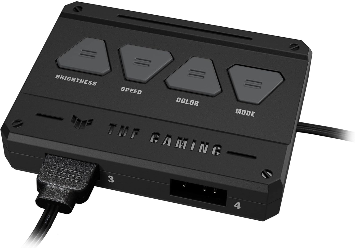 Eine schwarze TUF Gaming-Steuerbox. Sie hat Tasten für Helligkeit, Geschwindigkeit, Farbe und Modus. Ein Kabel und Anschlüsse sind ebenfalls sichtbar.