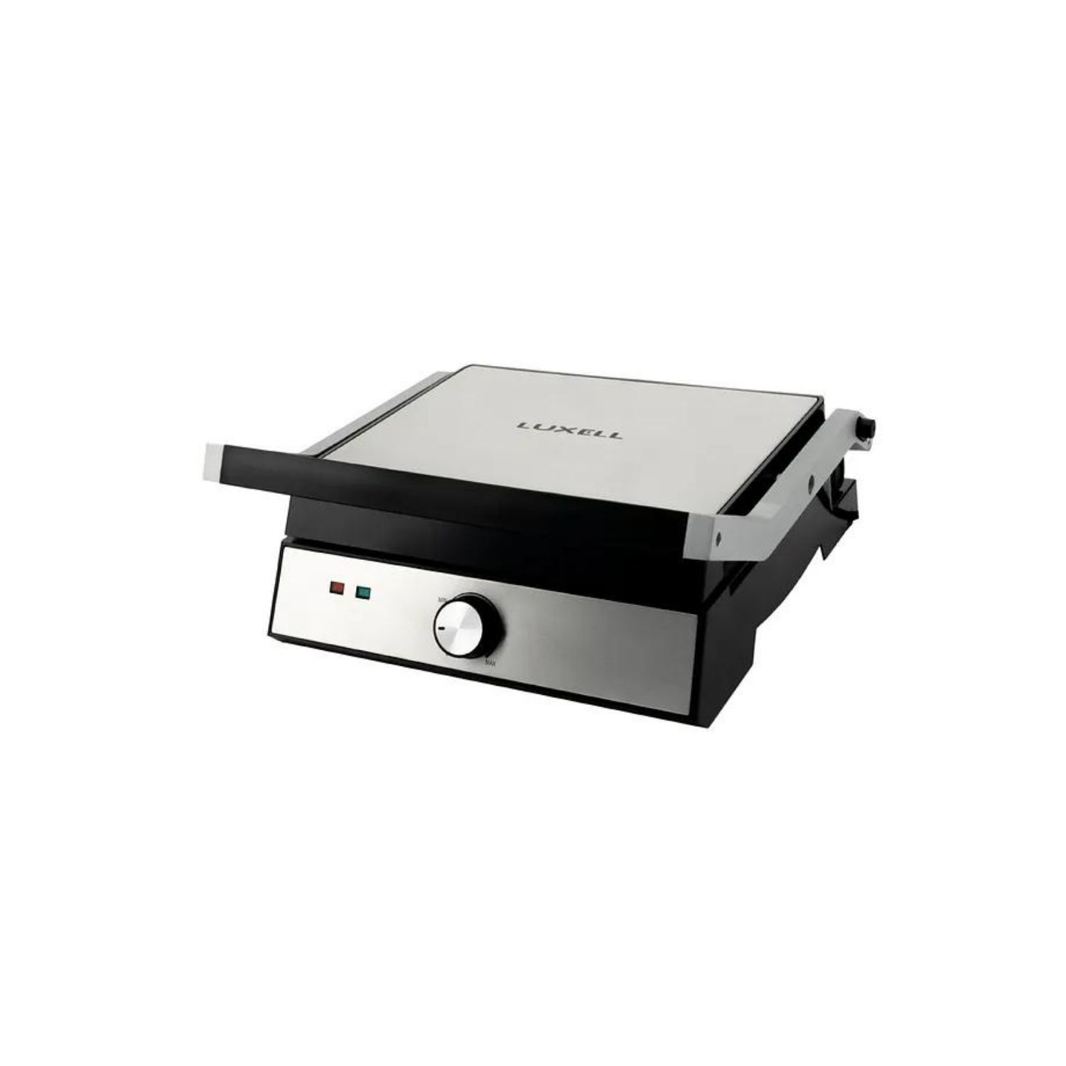 Gümüş ve siyah Luxell tost makinesi. Kapak yukarıdadır ve kontrol panelinde bir düğme ve ışıklar bulunur.