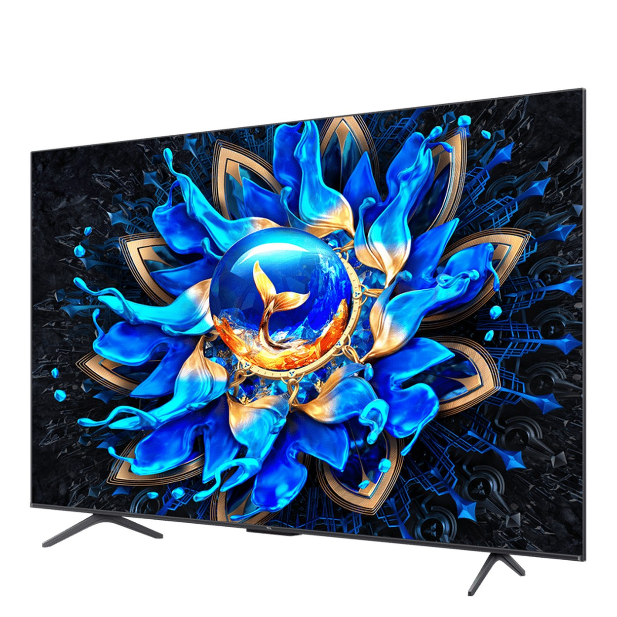 Büyük bir TV, siyah bir arka plan üzerinde, bir cam küre içinde altın bir balıkla mavi bir çiçek deseni sergiliyor. TV'nin siyah ayakları var.