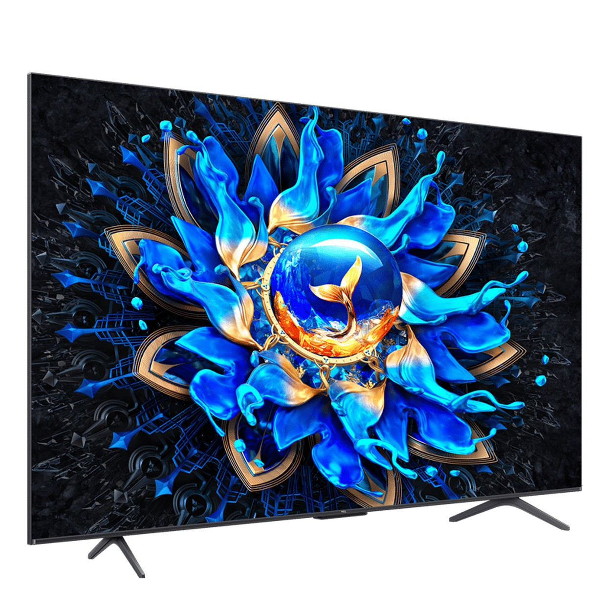 Düz ekran bir TV, bir küre içinde bir balık bulunan mavi ve altın renkli bir çiçek deseni sergiliyor. TV bir stand üzerinde duruyor.