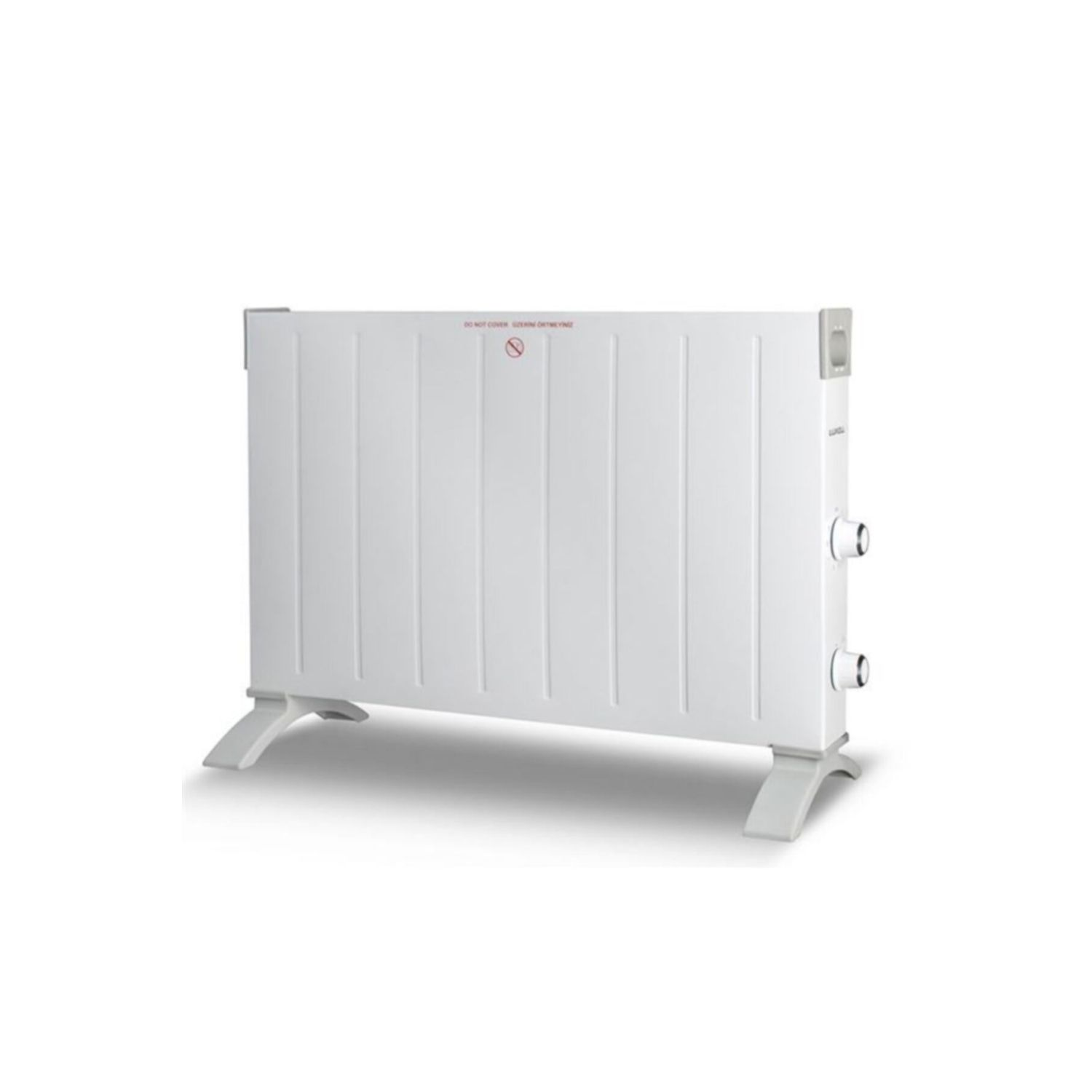 Beyaz bir arka plan üzerinde beyaz bir elektrikli ısıtıcı. Dikey sırtları vardır ve iki ayak üzerinde durur.