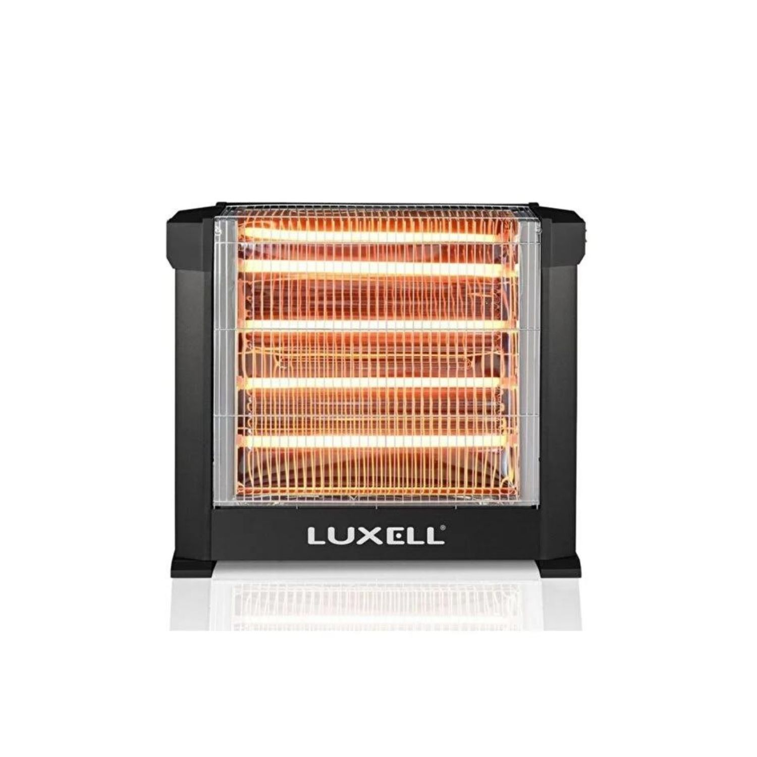 Siyah bir Luxell elektrikli ısıtıcı gösteriliyor. Parlayan turuncu ısıtma elemanlarına sahip bir kafesi var. Marka adı altta görülebilir.