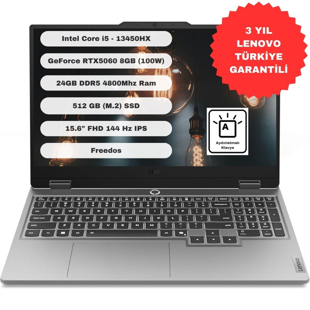 Bir Lenovo dizüstü bilgisayar özellikleri gösteriyor: Intel Core i5, GeForce RTX5060, 24GB RAM, 512GB SSD, 15.6" FHD ve 3 yıl garanti.
