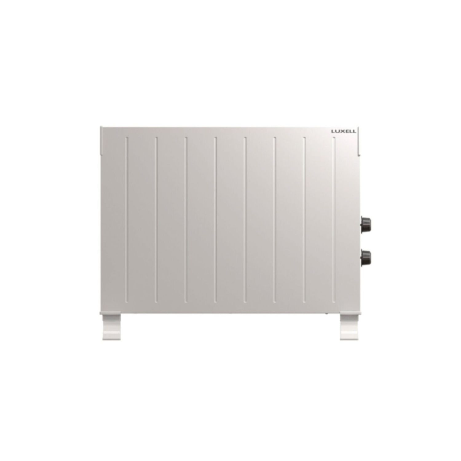 Beyaz bir Luxell elektrikli ısıtıcı. Dikey çubukları ve sağ tarafta iki siyah düğmesi var. İki ayak üzerinde duruyor.
