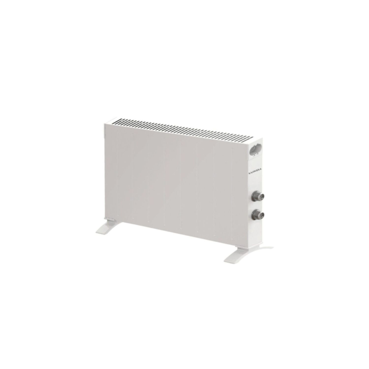 Dikdörtgen şeklinde beyaz bir elektrikli radyatör. Üstte bir dizi havalandırma deliği ve yan tarafta iki düğme bulunur.