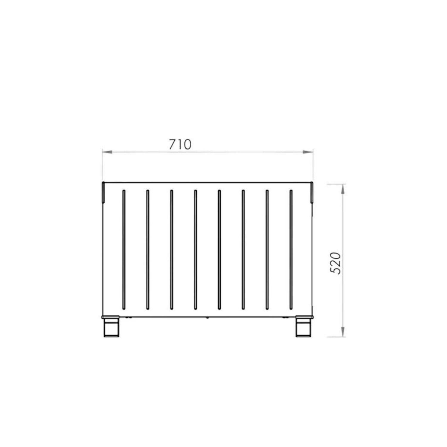 Boyutları olan bir radyatör diyagramı. Radyatör, 710x520 olarak etiketlenmiş, dikey çizgili dikdörtgendir.