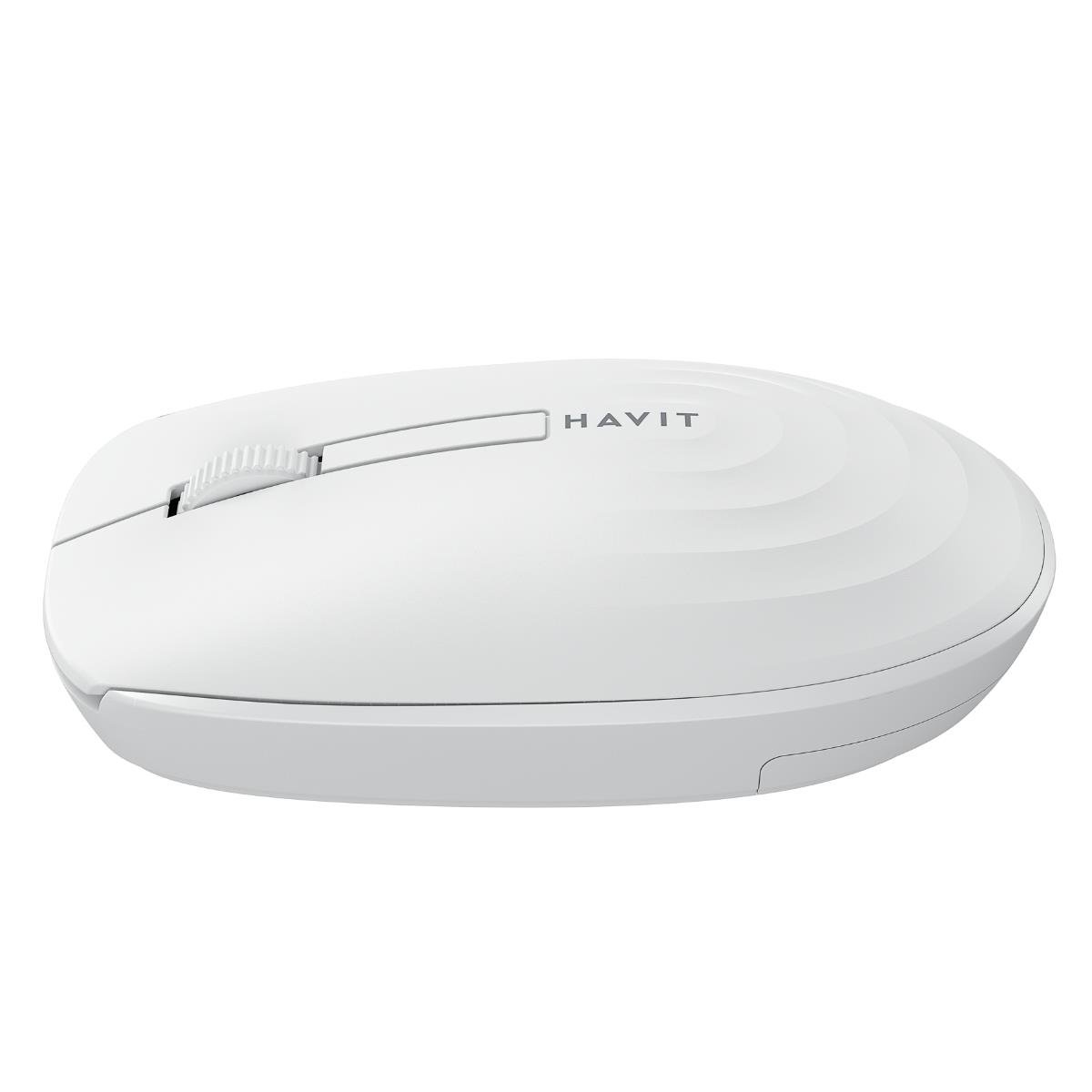 Beyaz bir Havit kablosuz mouse. Bir kaydırma tekerleği ve şık bir tasarıma sahiptir. 'HAVIT' marka adı üstte görünür.