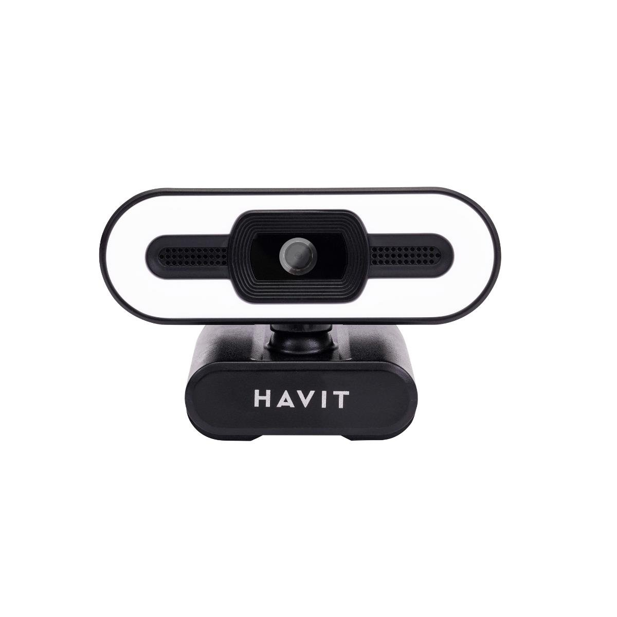 Beyaz LED halkalı siyah bir Havit web kamerası. Taban siyah, Havit logosu var. Lens ortada.