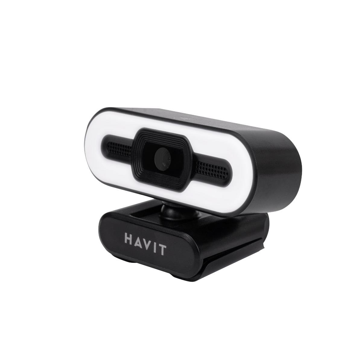 Siyah bir Havit web kamerası. Beyaz bir LED ışığı ve siyah bir lensi var. Tabanında Havit logosu bulunuyor.