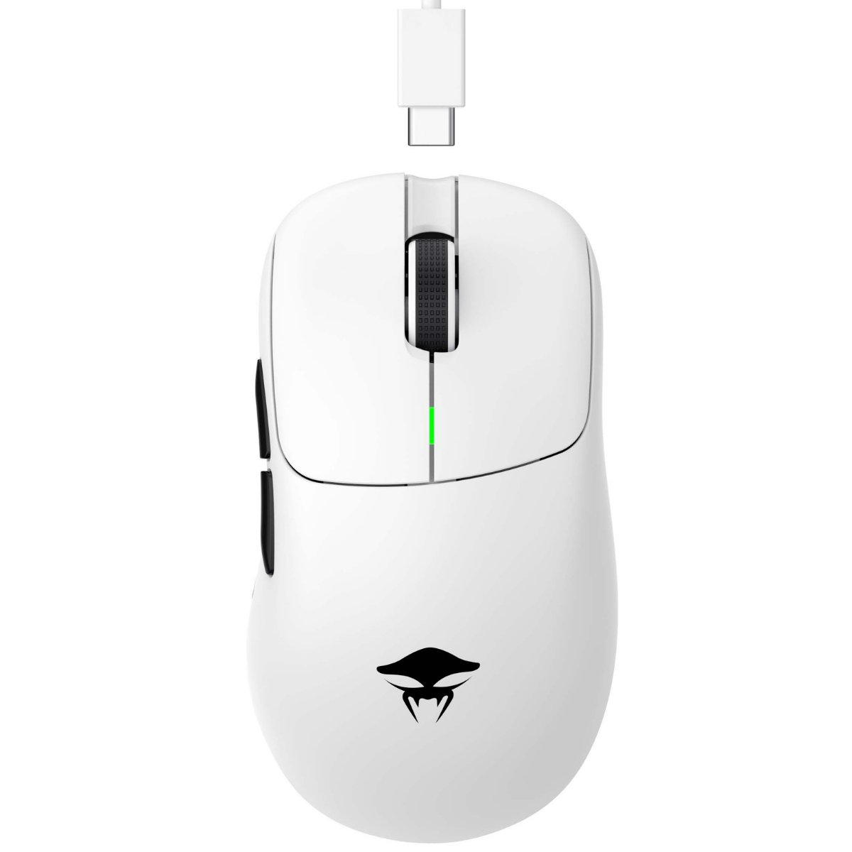 Biała mysz gamingowa z dołączonym kablem USB-C. Posiada logo, przyciski i kółko przewijania. Mysz ma zielone światło.