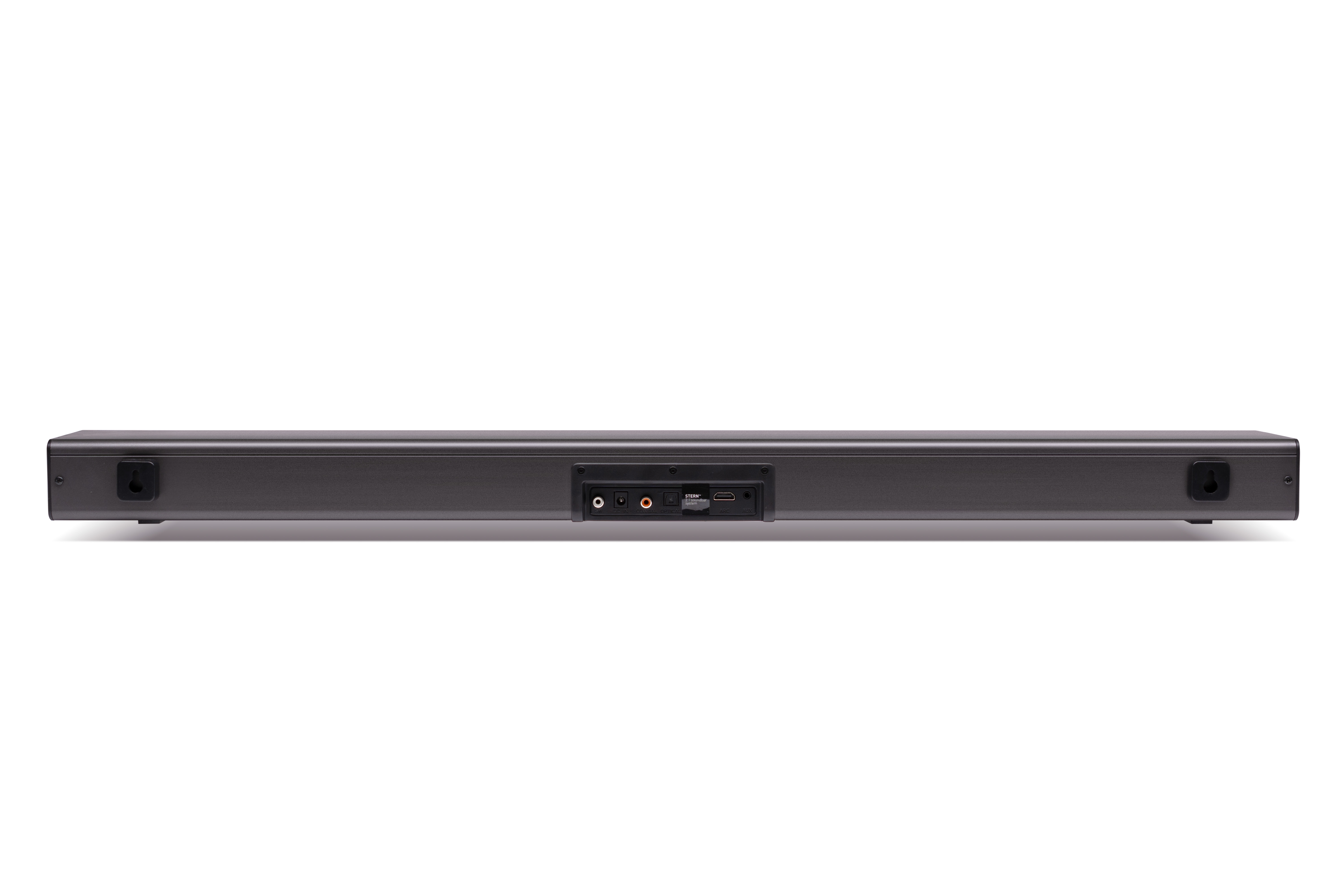 Koyu gri bir soundbar. Arkasında çeşitli bağlantı noktaları ve montaj delikleri bulunur.