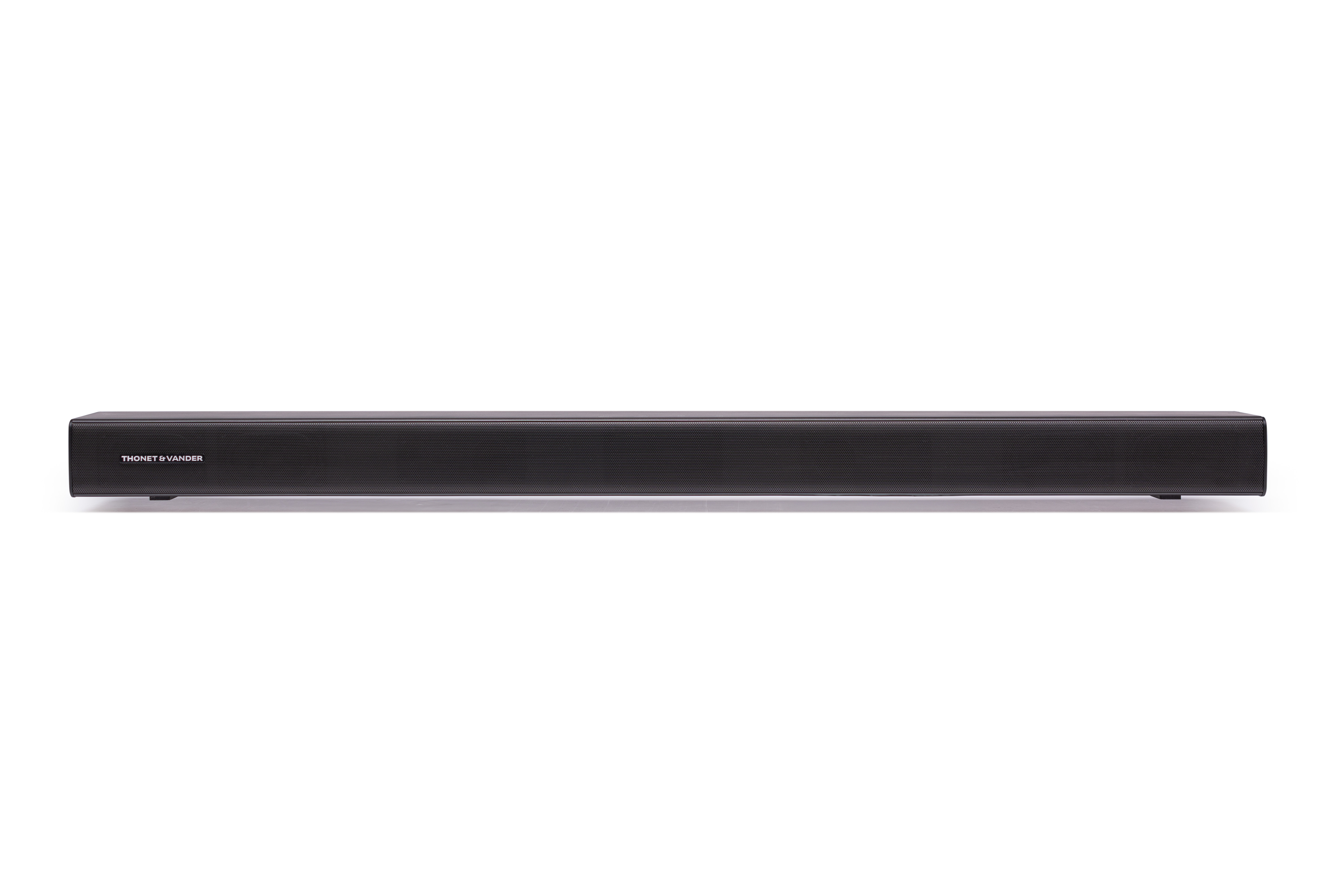 THONET & VANDER markalı siyah bir soundbar. Arka plan beyazdır.