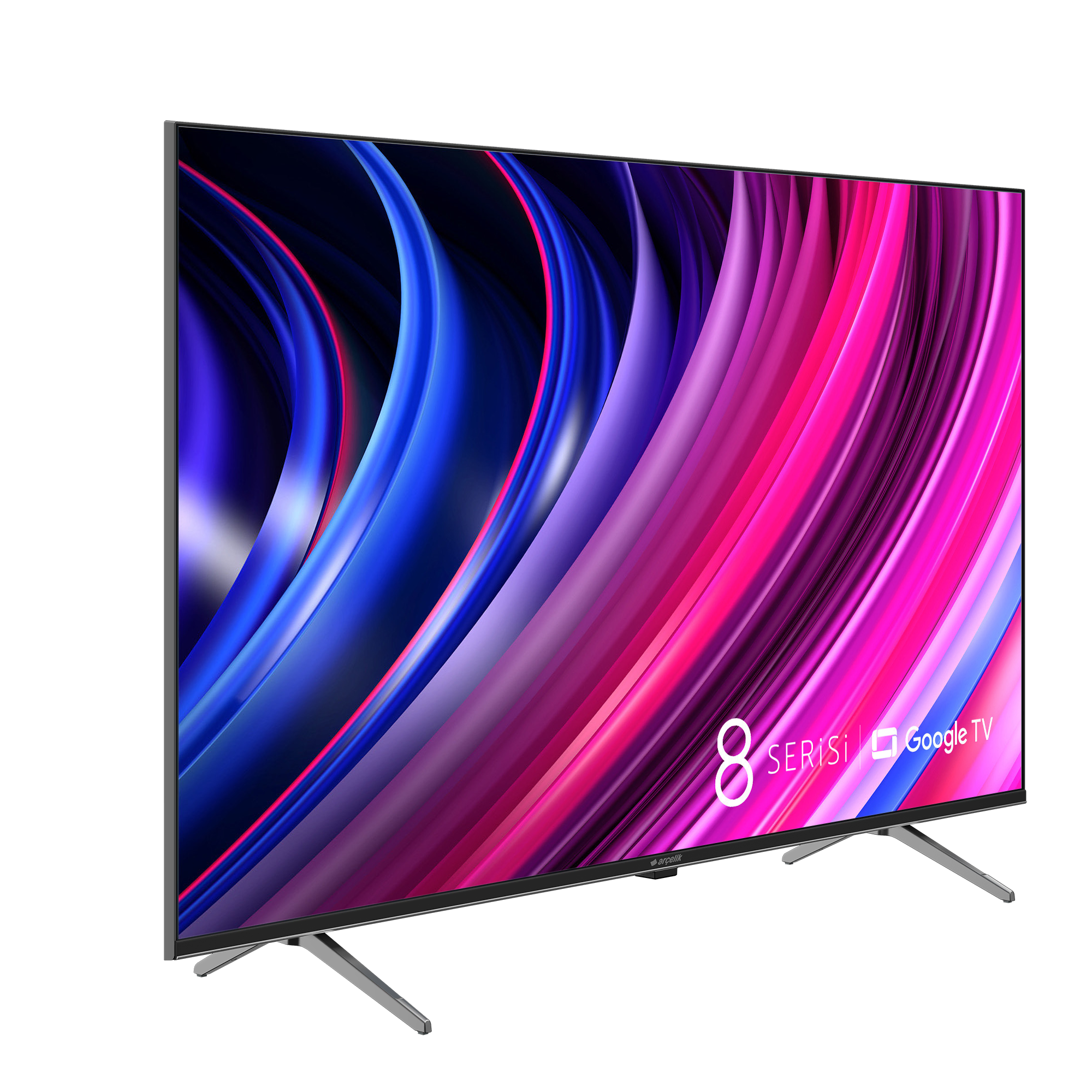 Renkli soyut bir ekrana sahip büyük bir TV. Gümüş ayakları ve siyah bir çerçevesi, siyah bir arka plan üzerinde duruyor.