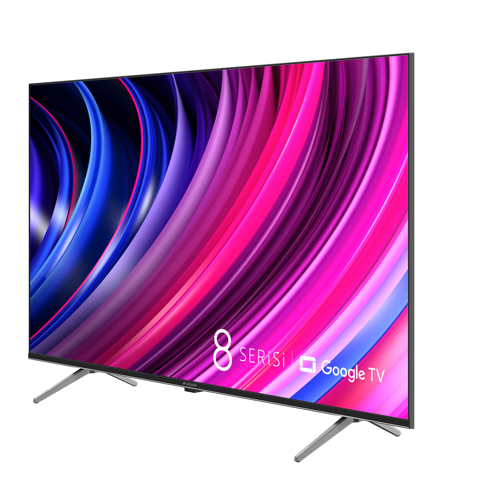 "8 Serisi Google TV" yazılı, renkli soyut ekranlı ve gümüş ayaklı bir TV.