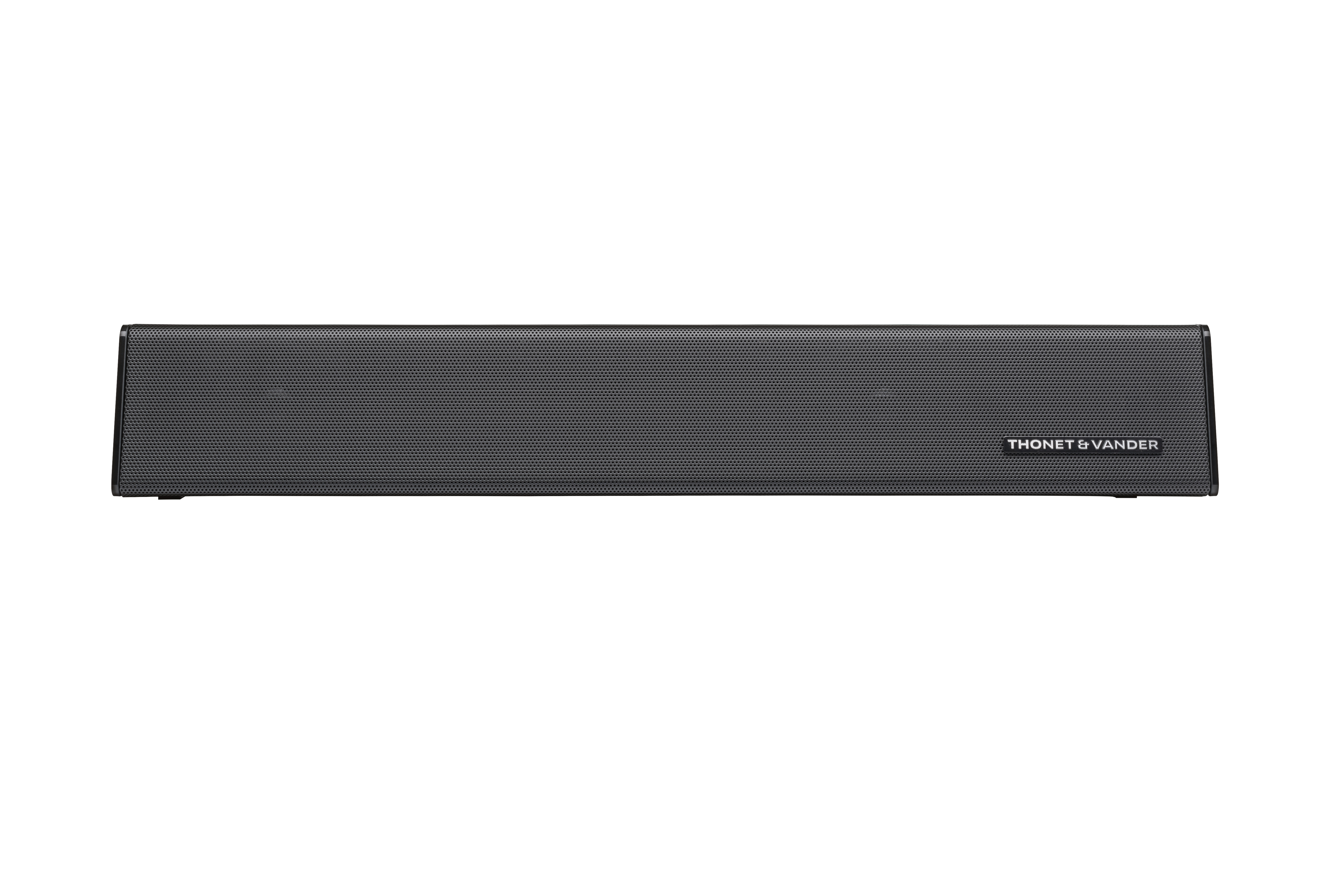 Beyaz zemin üzerine siyah bir soundbar. Soundbar, ızgara ön yüzü ve sağda marka adıyla dikdörtgen şeklindedir.