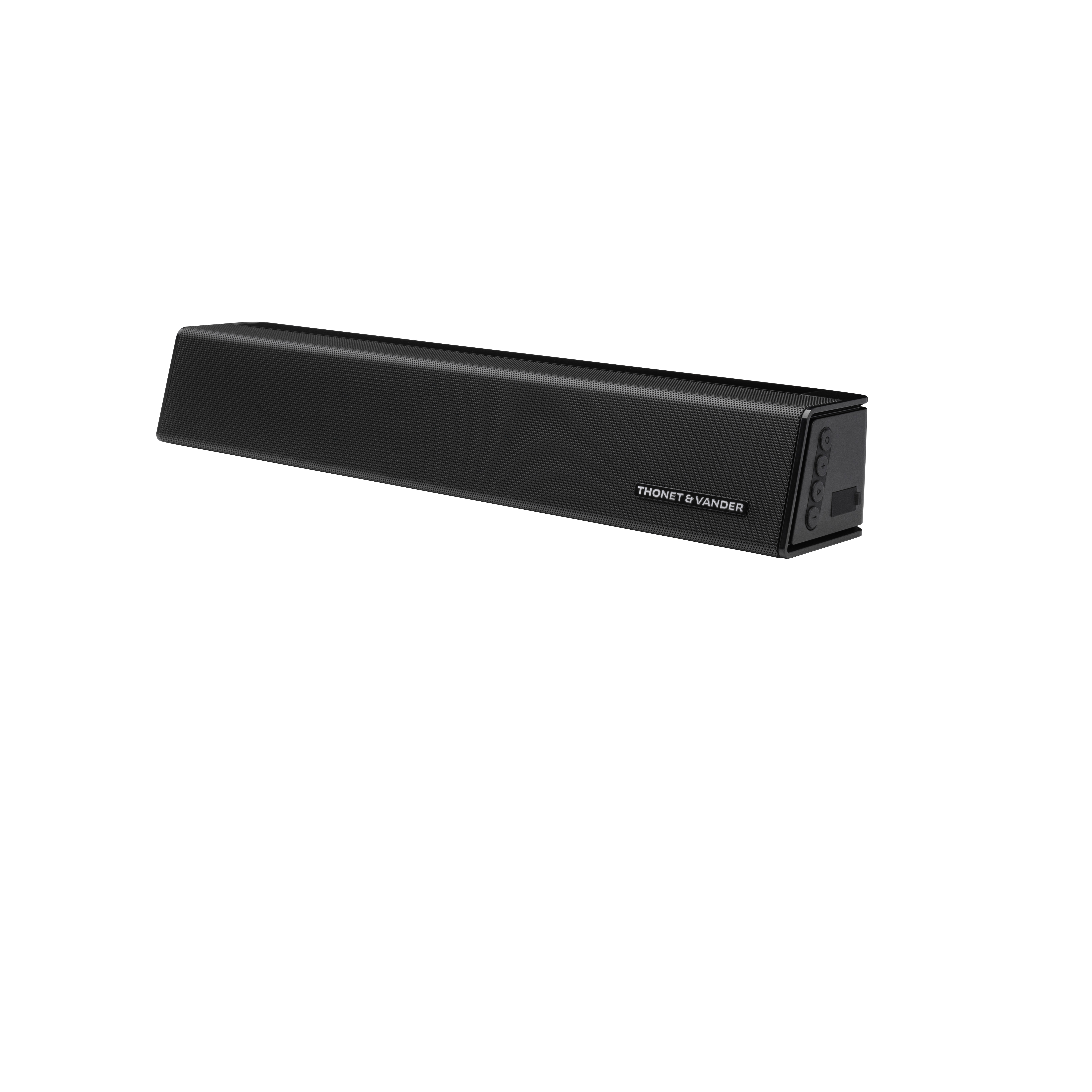 Beyaz zemin üzerinde siyah bir soundbar. 'THONET & VANDER' markasını taşıyor.