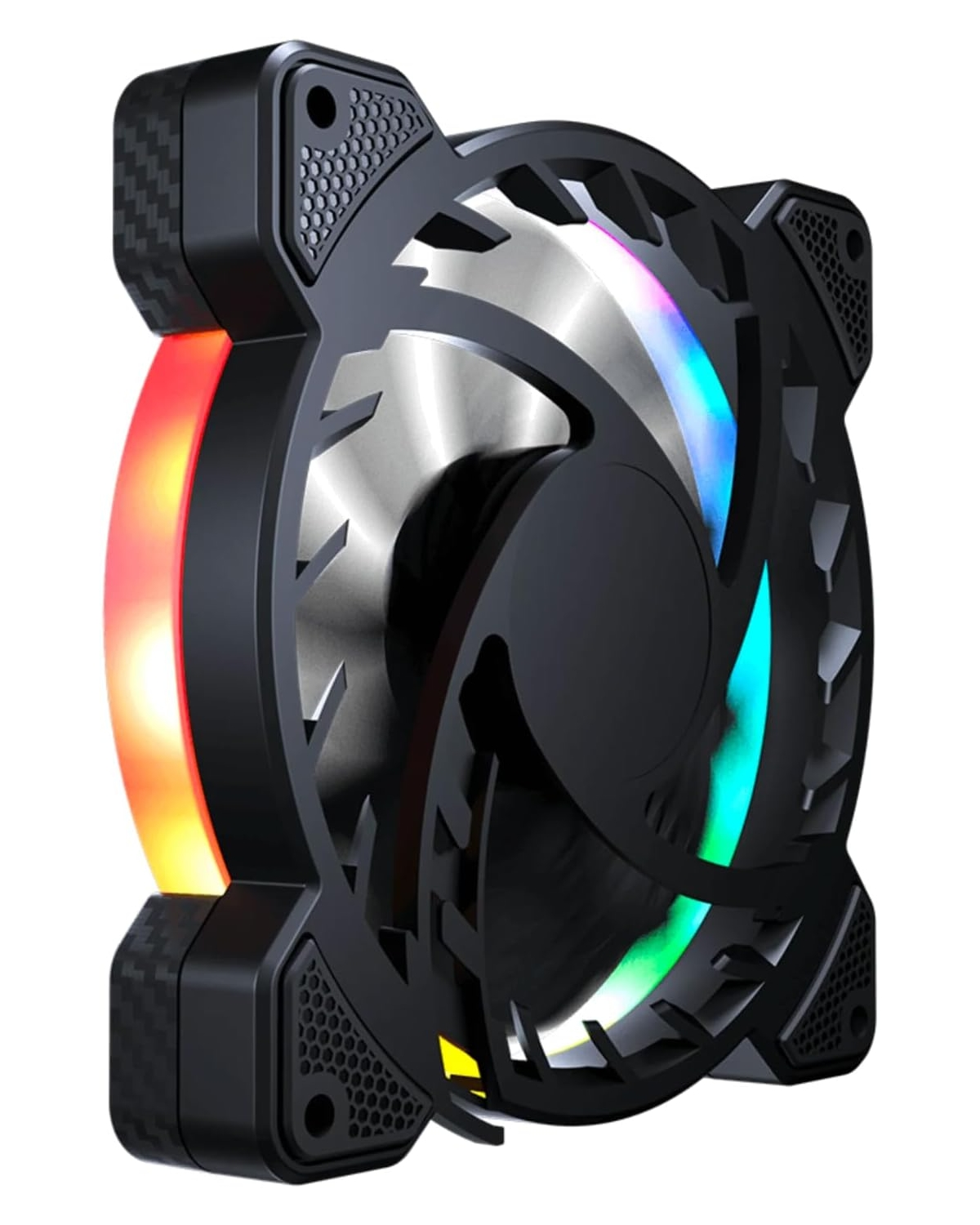 Ein schwarzer PC-Lüfter mit silberner Mitte und bunten LED-Leuchten. Der Lüfter hat ein einzigartiges Design.