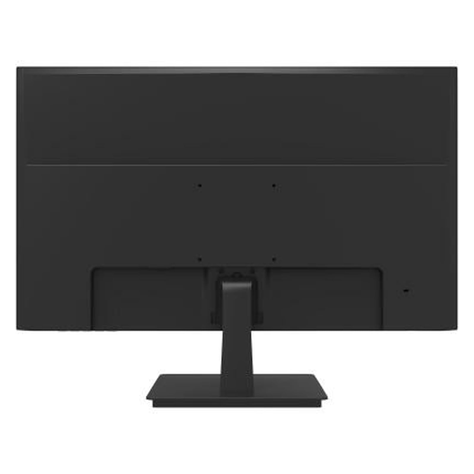 Siyah bir bilgisayar monitörünün arkası. Monitör bir stand üzerinde. Arka plan beyaz.