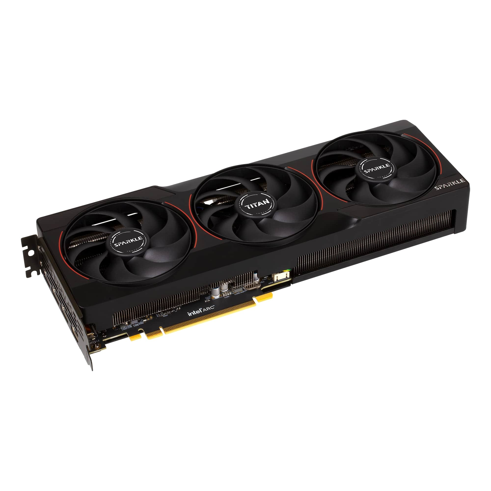 Czarno-czerwona karta graficzna Sparkle Titan Intel Arc z trzema wentylatorami na białym tle.