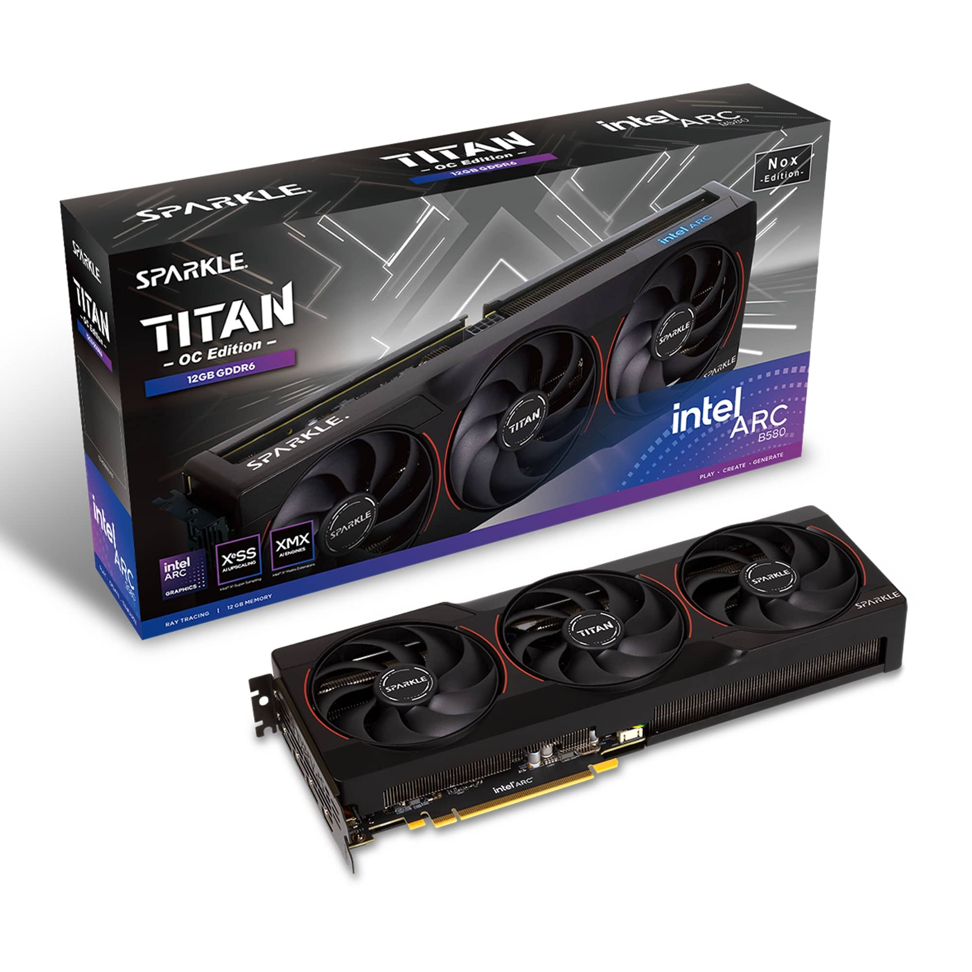 Pudełko i karta graficzna Sparkle Titan. Karta ma trzy wentylatory. Na pudełku napis: Titan, OC Edition i 12GB GDDR6.
