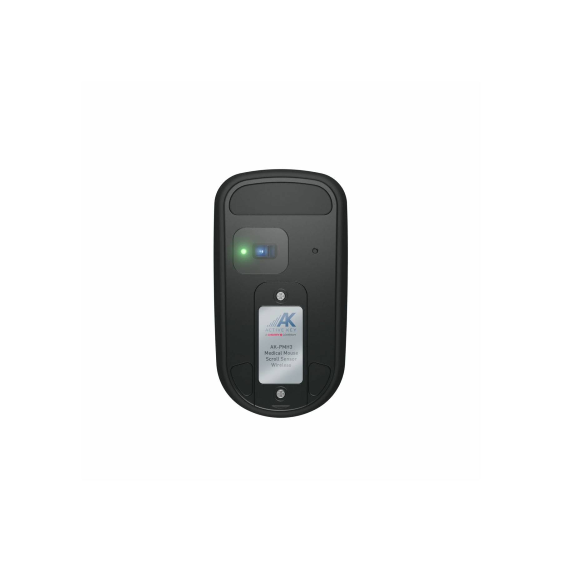Schwarze Computermaus, Unteransicht, mit grünem Licht und Etikett. Die Maus sagt AK-PMH3 Medical Mouse Scroll Sensor Wireless.