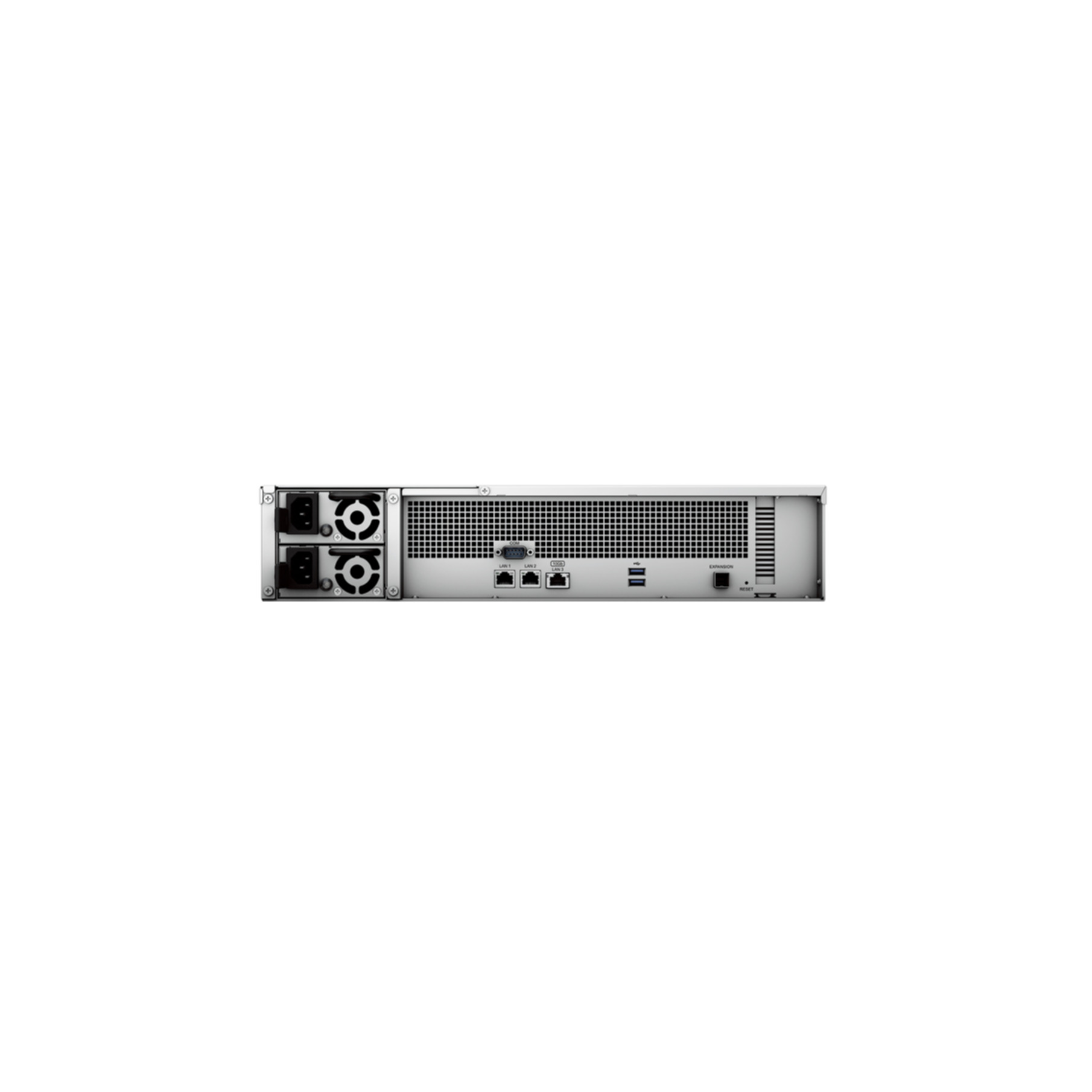 Serveur argenté avec ventilateurs, ports et connecteurs. Deux grilles de ventilateur, plusieurs ports LAN et ports USB visibles.