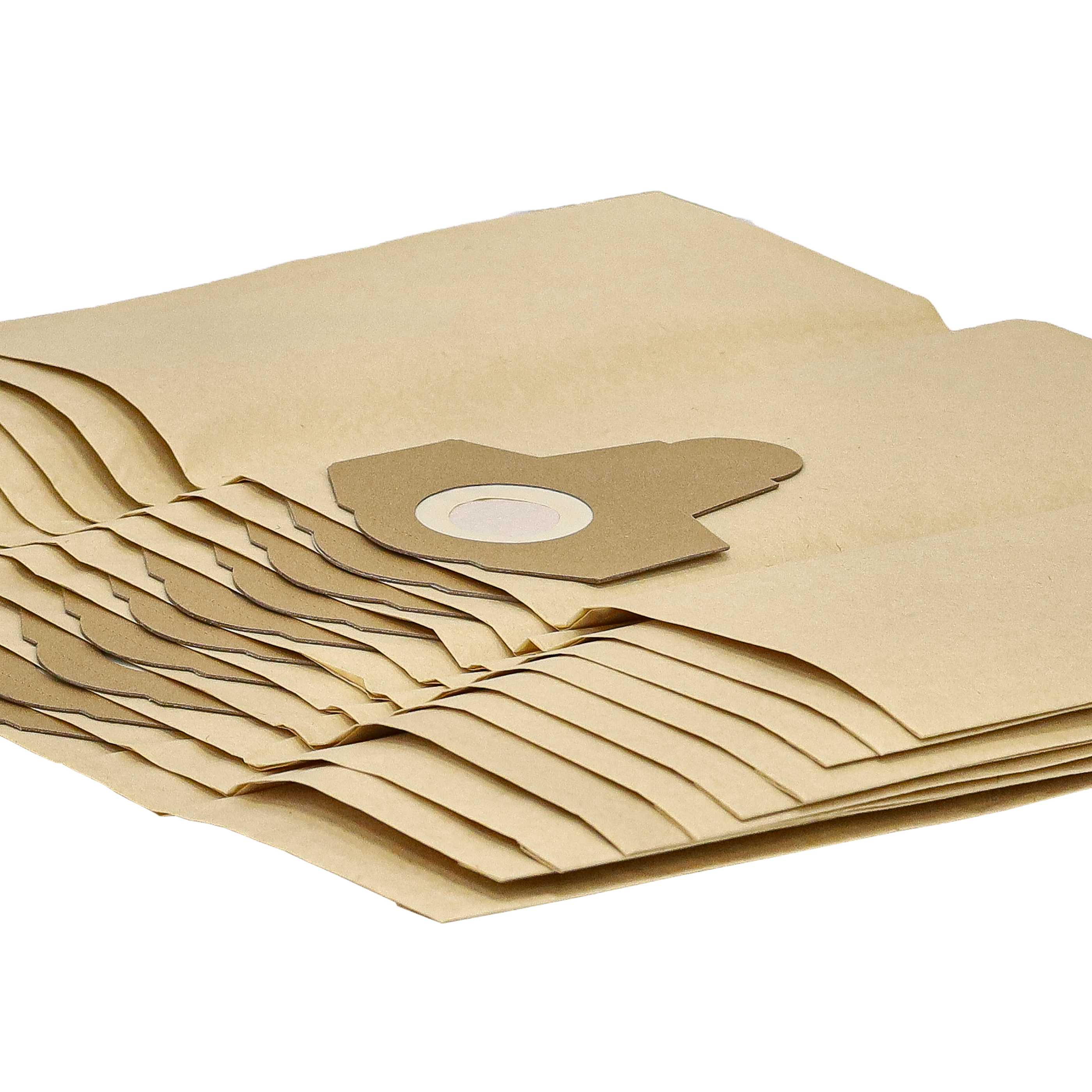 Ein Stapel beigefarbener Papierstaubsaugerbeutel, einer mit Kartonfilteröffnung, auf weißem Hintergrund.
