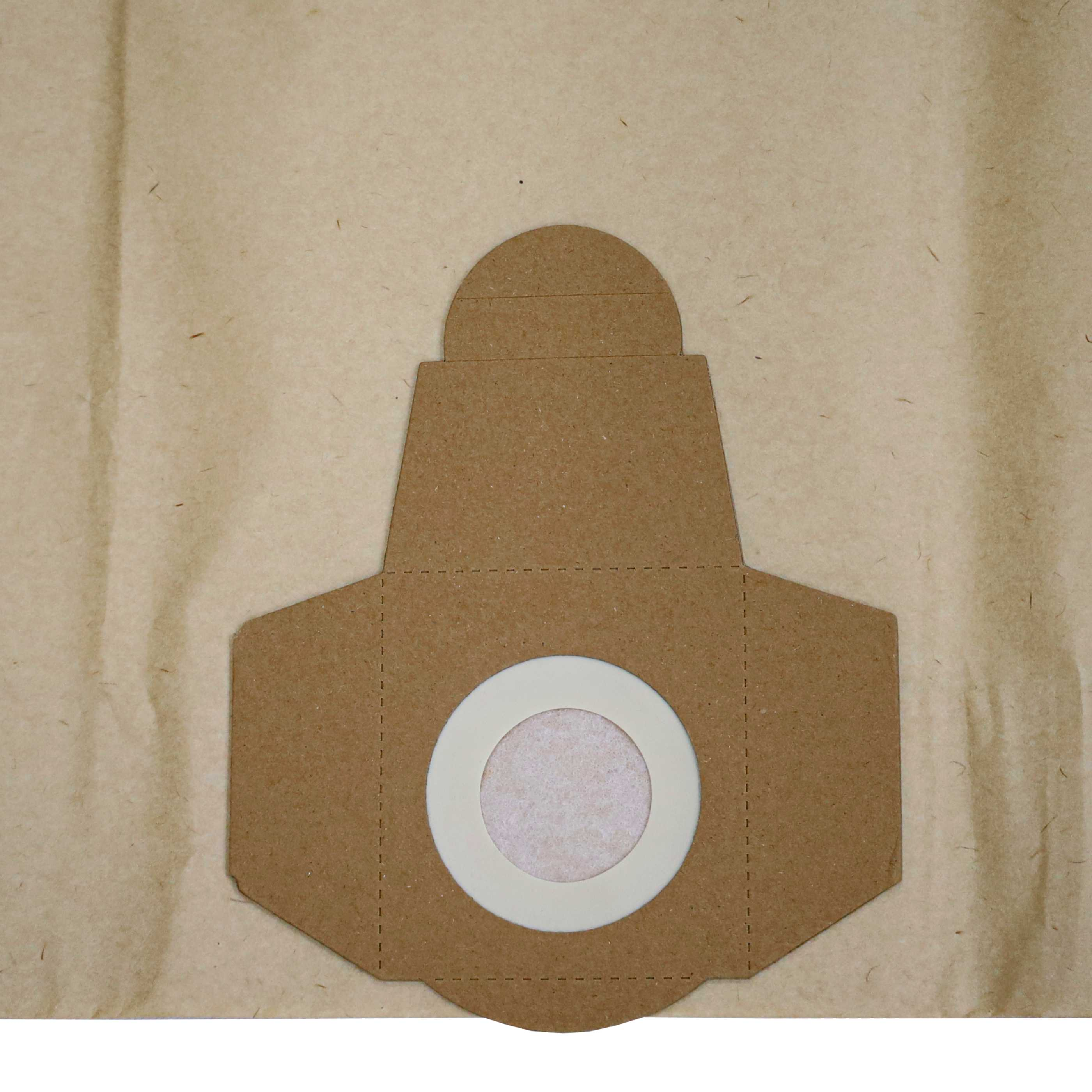 Ein brauner Staubsaugerbeutel aus Papier mit runder Öffnung und beigem Hintergrund.