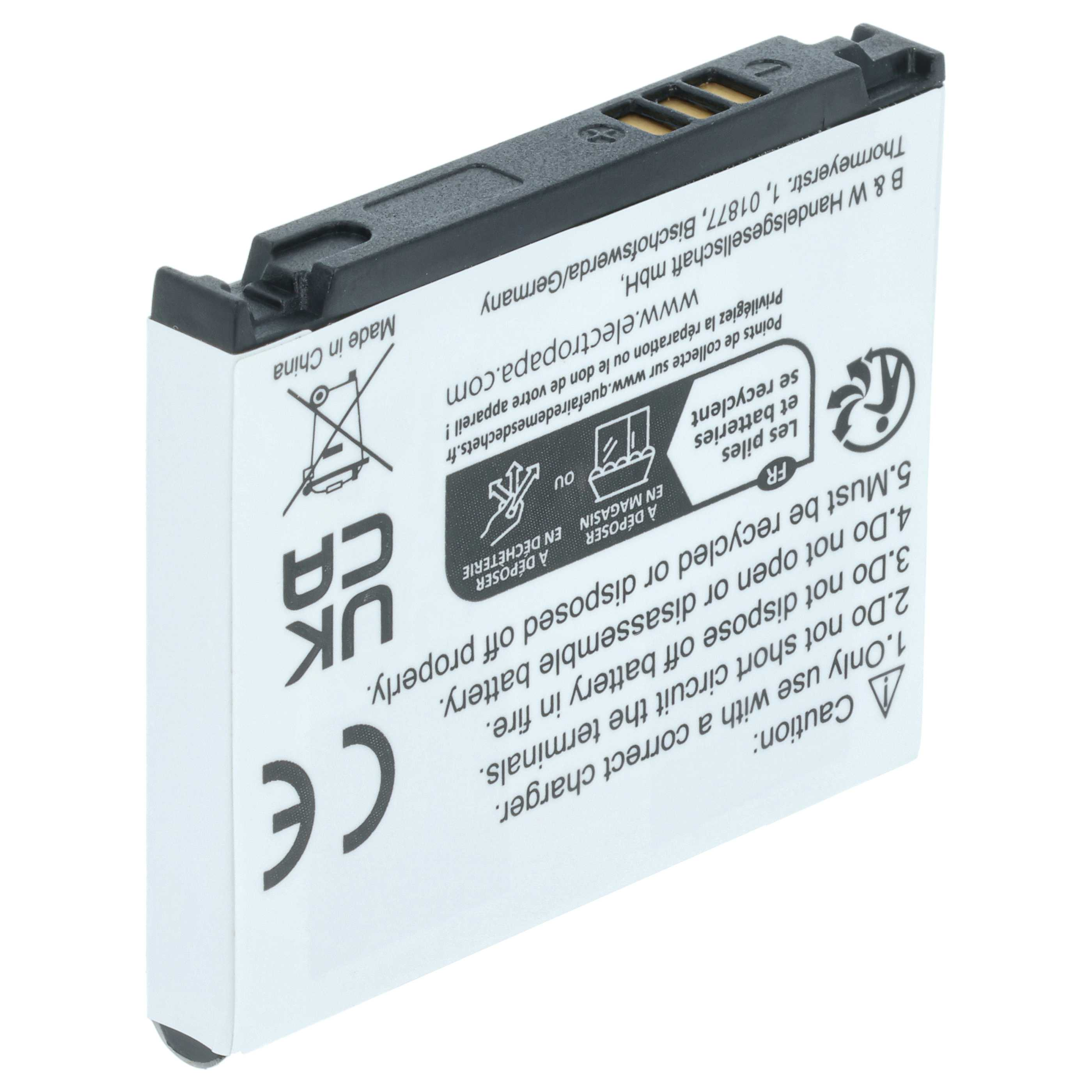 Ein weißes und schwarzes Akkupack mit Text. Enthält Recycling-Symbole und Warnhinweise. Hergestellt in China.