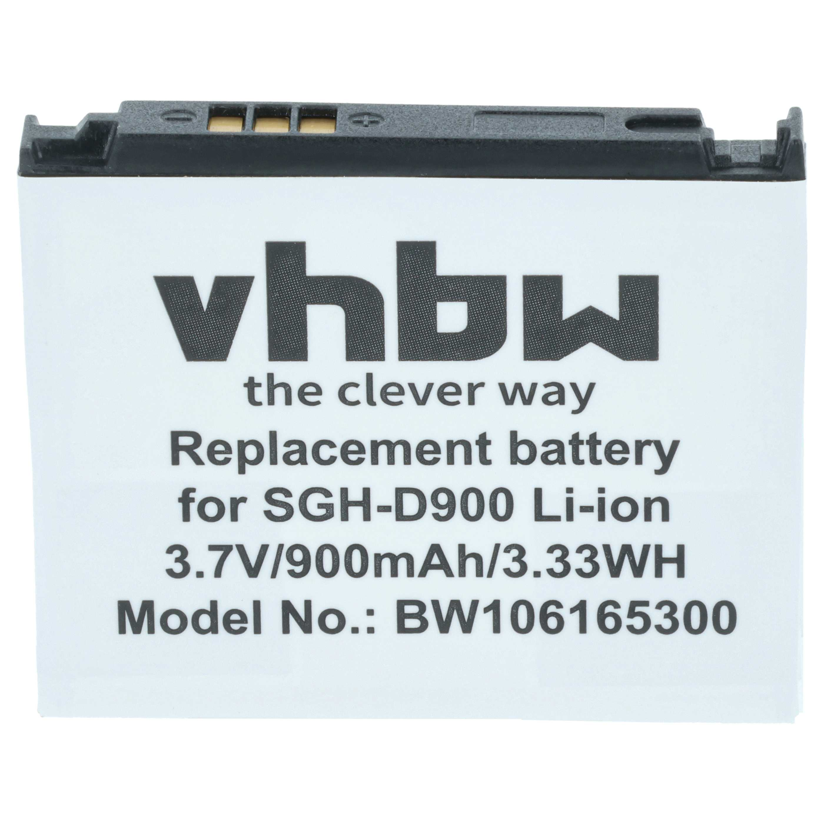 Ein weißer Akku mit schwarzem Text. Er lautet 'vhbw', 'Ersatzbatterie' und technische Daten.